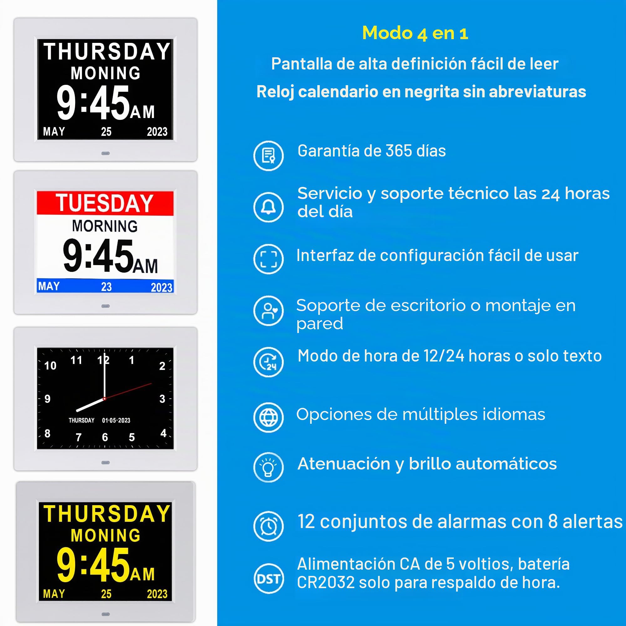 Reloj de día con calendario digital para personas mayores, personas mayores, Alzheimer (8 pulgadas blanco)