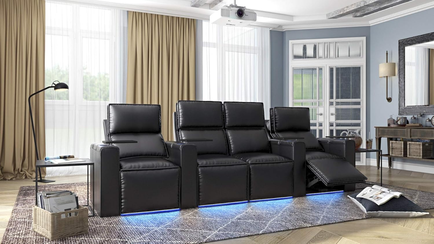 Octane Pillow Leather Power Headrest & Power Recline Home Theater Recliners, Black (Set of 4)