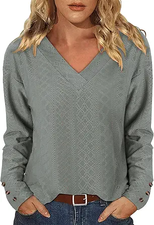KISSMODA Long Sleeve Fall Shirts For Women V Neck Tunic Tops Embroidered Button Down Knitted Blouses 2025