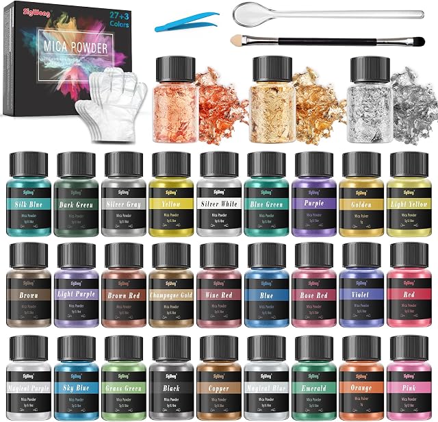 Mica Powder - 30 Pearlescent Epoxy Resin Color Pigment Set- Natural Cosmetic Grade Pigment for Soap Dye, Lip Gloss, Nail Polish, Makeup, Epoxy Resin, Candle Making, Bath Bombs, Slime, 5g/0.18oz