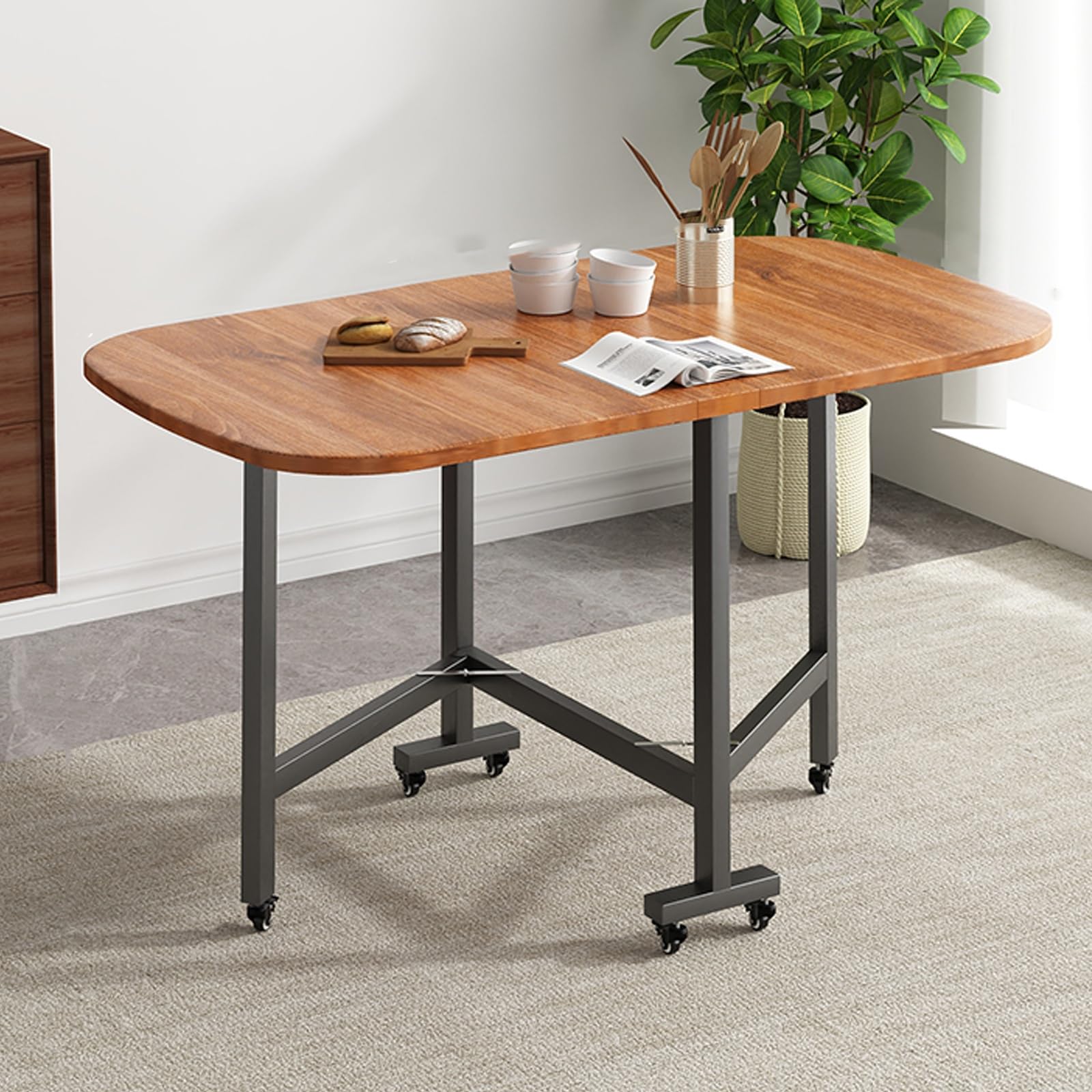 Table à manger pliante mobile pour 4 à 8 personnes avec rallonges abattantes