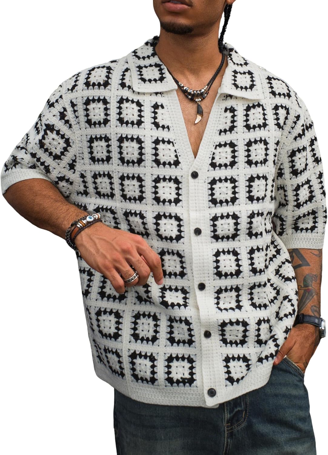Men‘s Y2K Crochet Button Down Shirt - Lightweight Grunge Oversize Streetwear Mesh Fashion Men Short Sleeve Top