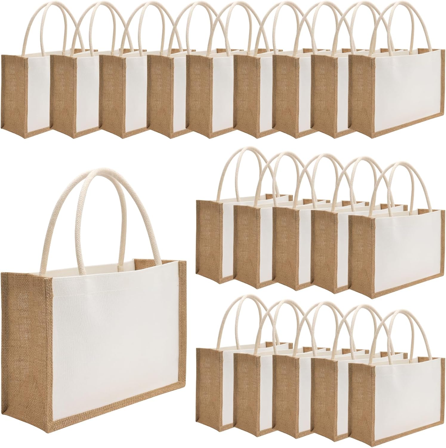 20 Pack Burlap Tote Bags Jute Tote Bags Reusable Water Resistant Beach Bag Blank Canvas Grocery Bag for Women Bridesmaid Wedding Gift DIY 12.6 x 8.3 x 5.1 Inch