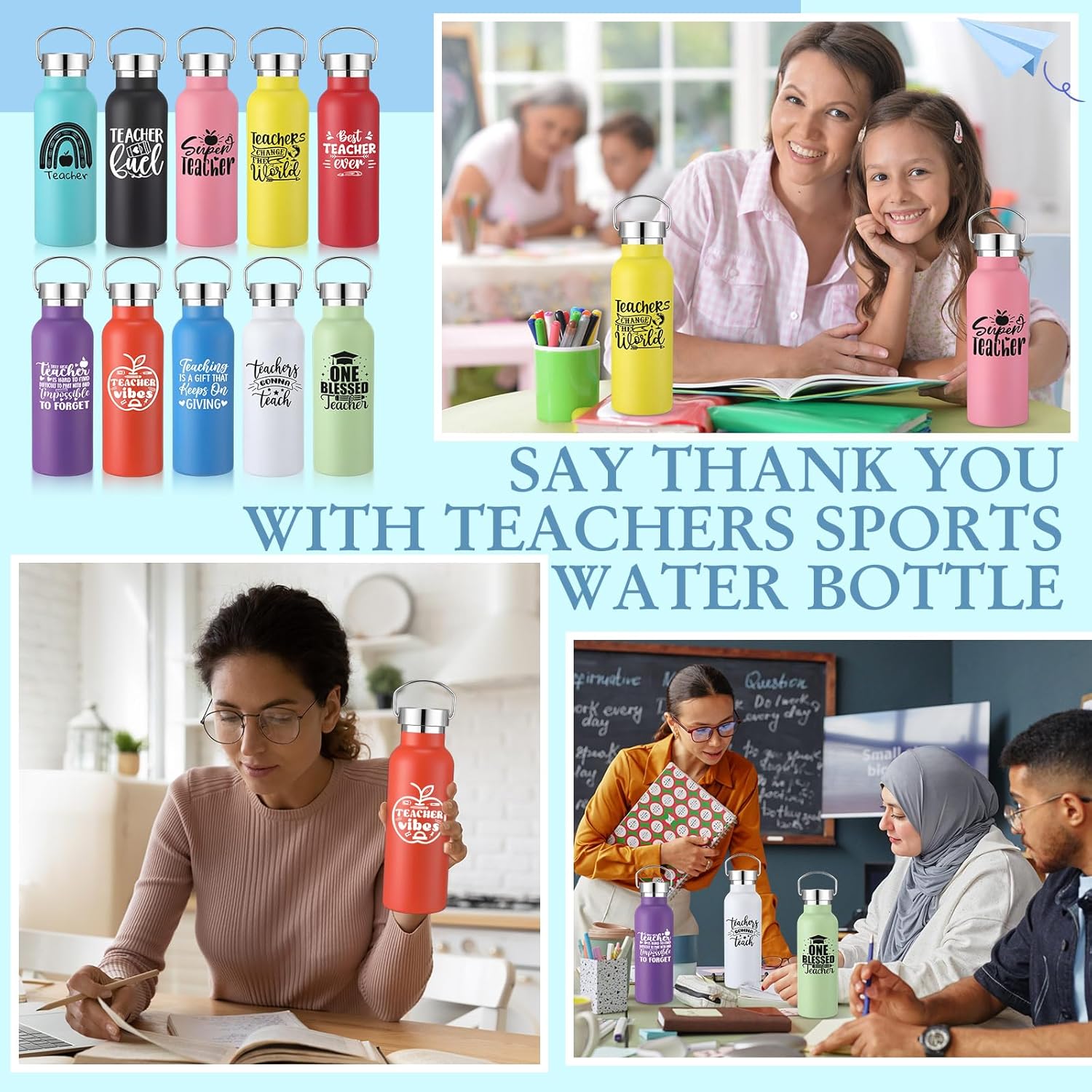10 Pcs Teacher Appreciation Gifts Bulk Thank You Gifts for Teachers 17 oz Stainless Steel Water Bottles Insulated Cups for Teachers Week Graduation End of Year Office(Stylish)