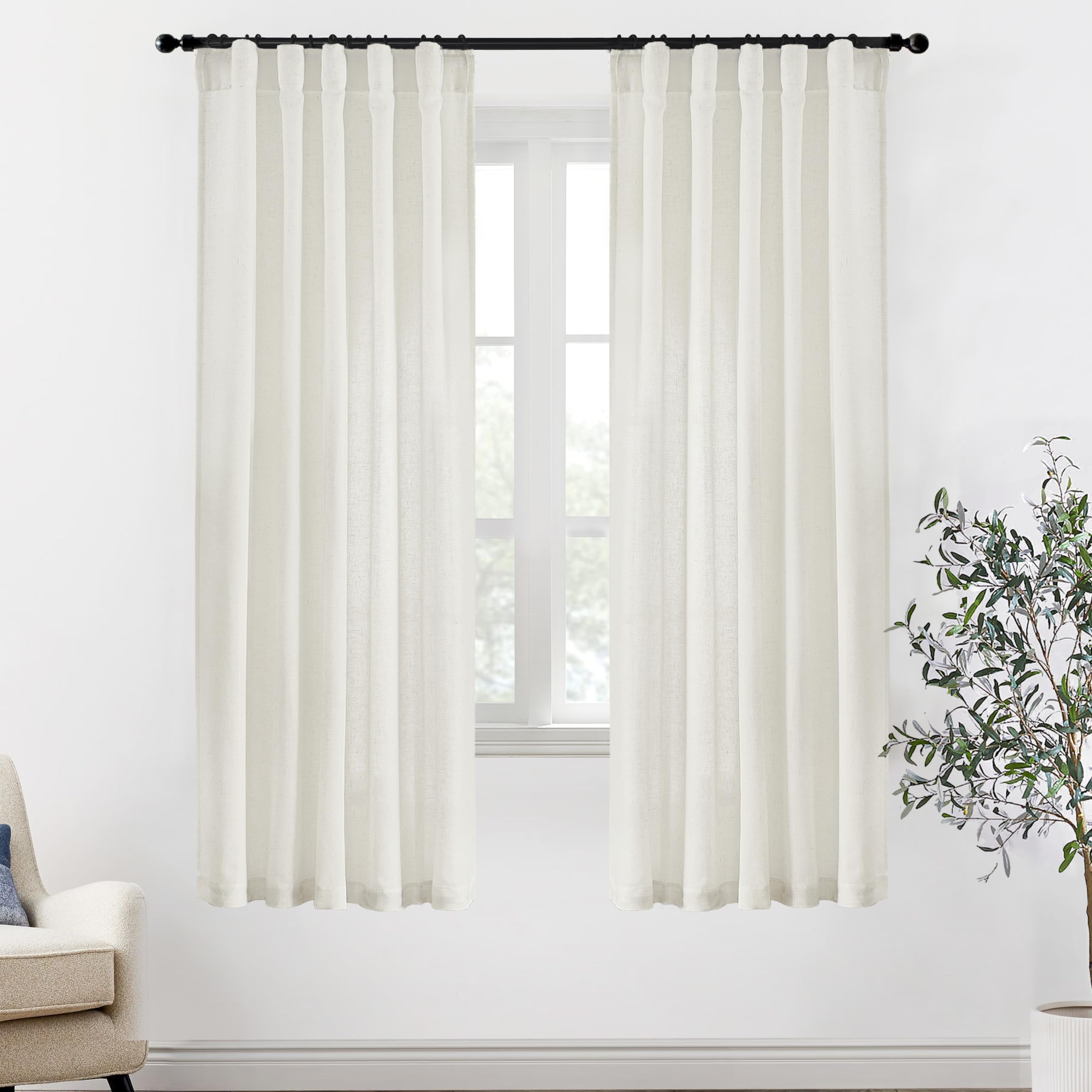 XTMYI 72 Inch Long Linen Curtains for Living Room,Sheer Semi Privacy Back Tab Hooks Pleated Light Filtering Sidelight French Door Curtain Drapes 72 Inch Length 2 Panels Set,Cream Ivory
