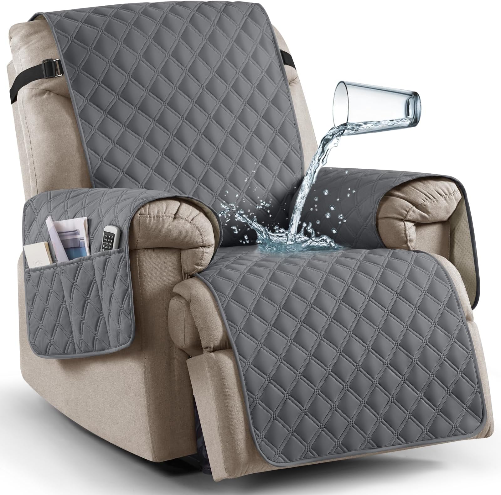 Ruaozz 100% Waterproof Recliner Chair Cover Non-Slip Reclining Cover for Recliner Chair Washable Chair Seat Cover with Elastic Straps for Kids, Dogs, Pets (Dark Grey, 23'')