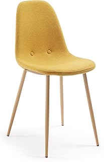 Kave Home - Silla de Comedor Yaren tapizada en Amarillo Mostaza y Patas de Acero con Efecto Madera de Haya