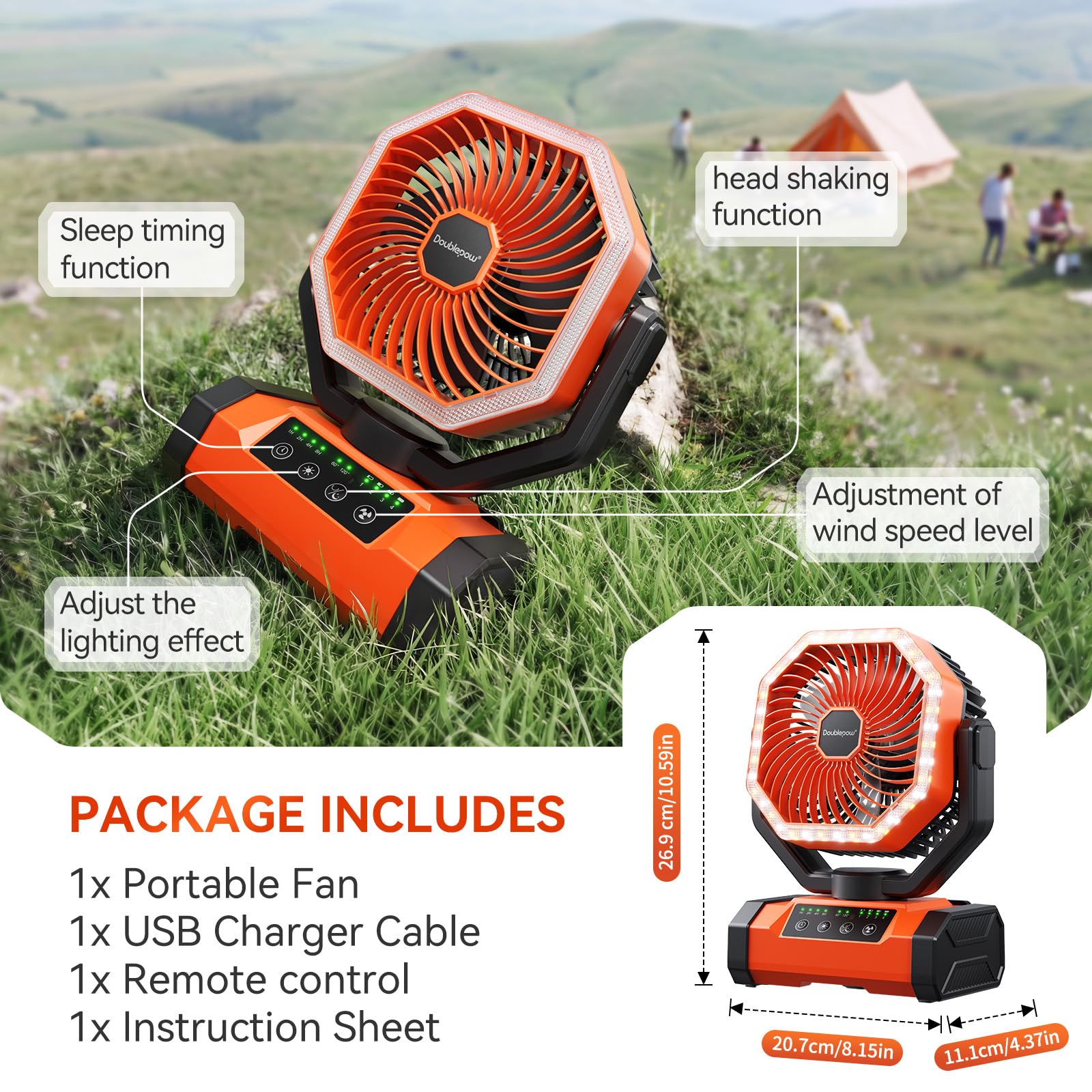 Doublepow Ventilador de camping de 20.000 mAh con luz LED, ventilador de mesa portátil con control remoto y gancho, oscilante automático, 4 velocidades y temporizador, funciona con batería recargable