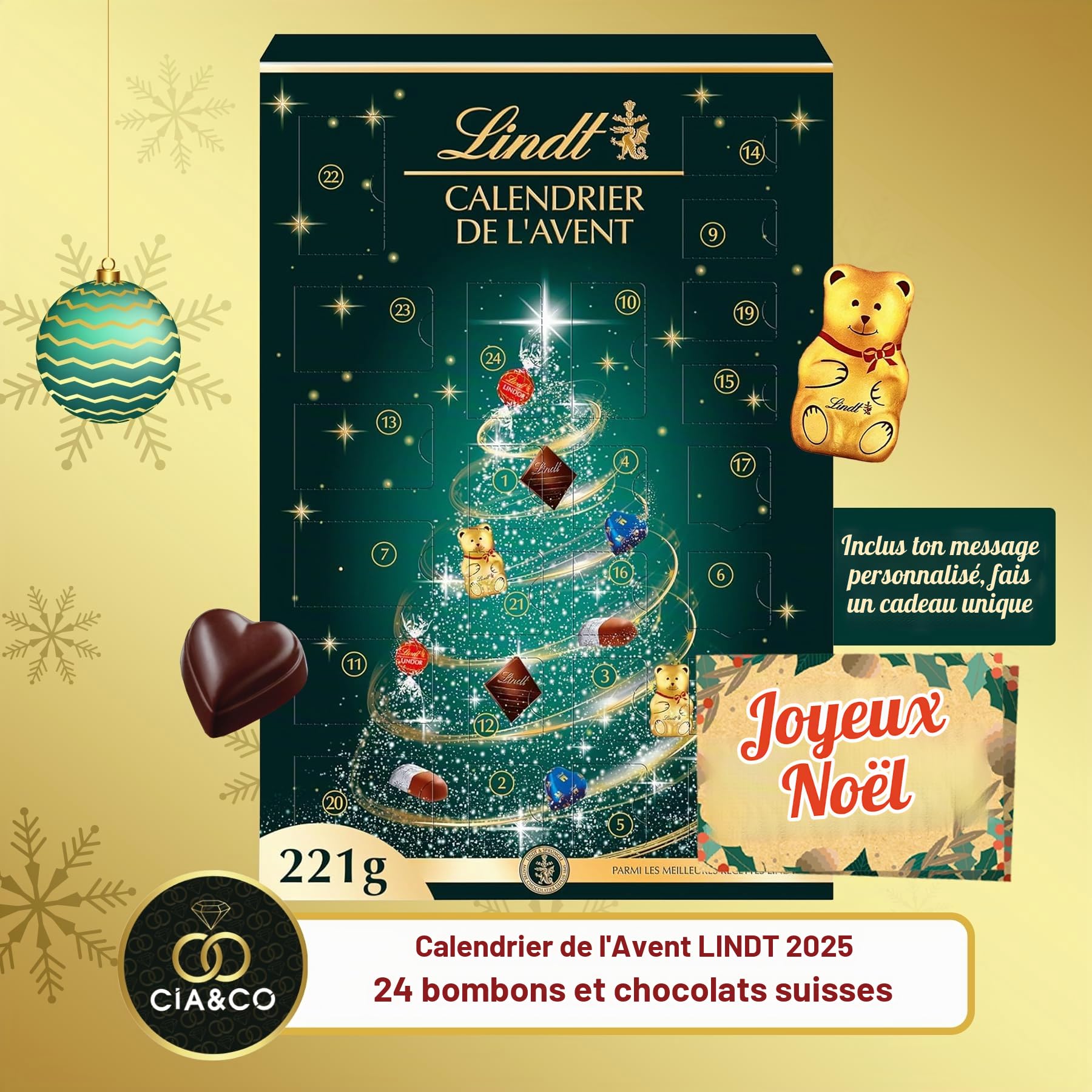 Calendrier de l’Avent LINDT 2025 Arbre de Noël · 24 Chocolats Suisses Lindor & Excellence · Assortiment Gourmet avec Ours, Cœurs & Pralinés · Carte Personnalisable Cia&Co 221 g · Cadeau de Noël Élégan