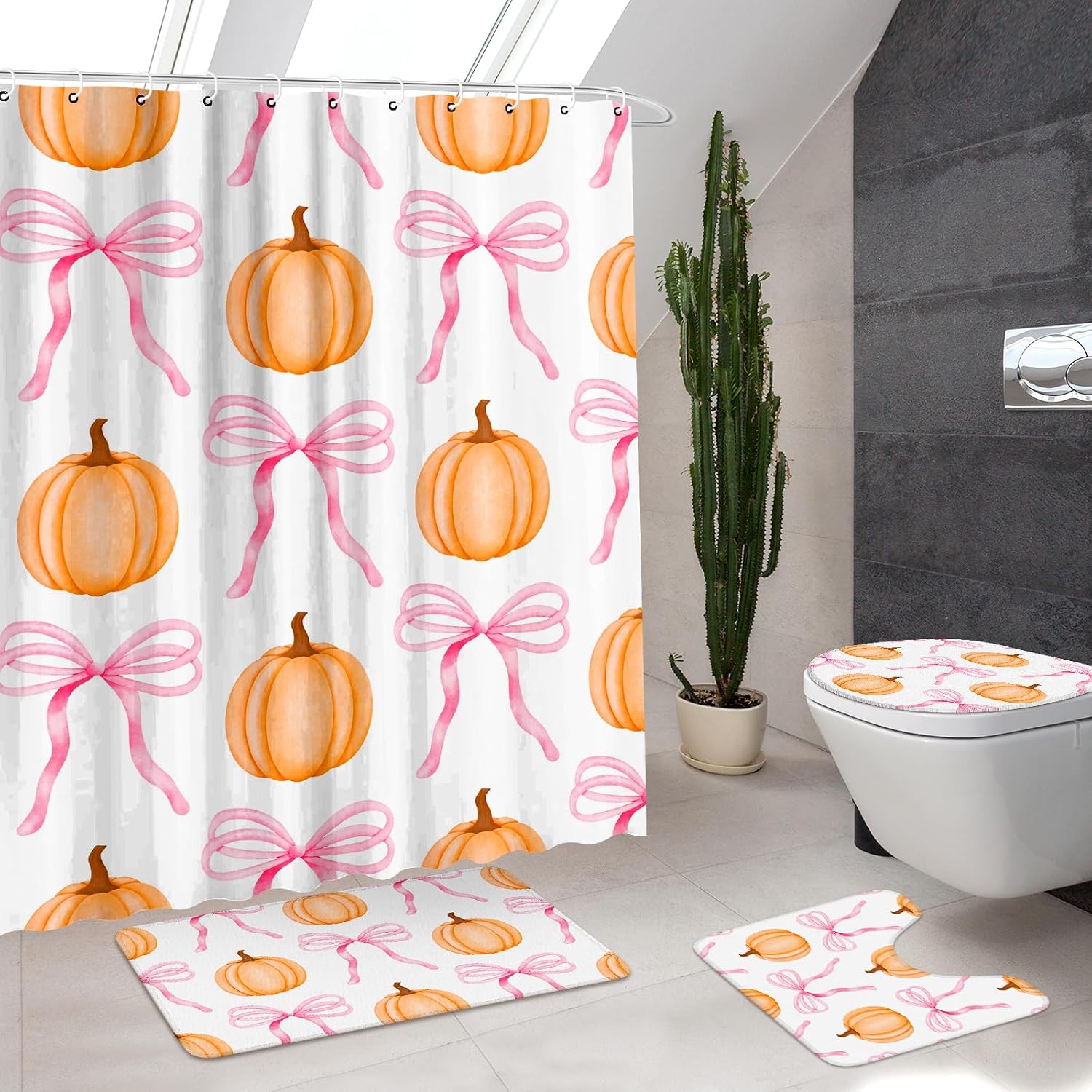 4 Pcs Fall Pumpkin Shower Curtain Set, Pink Fall Bathroom Decor