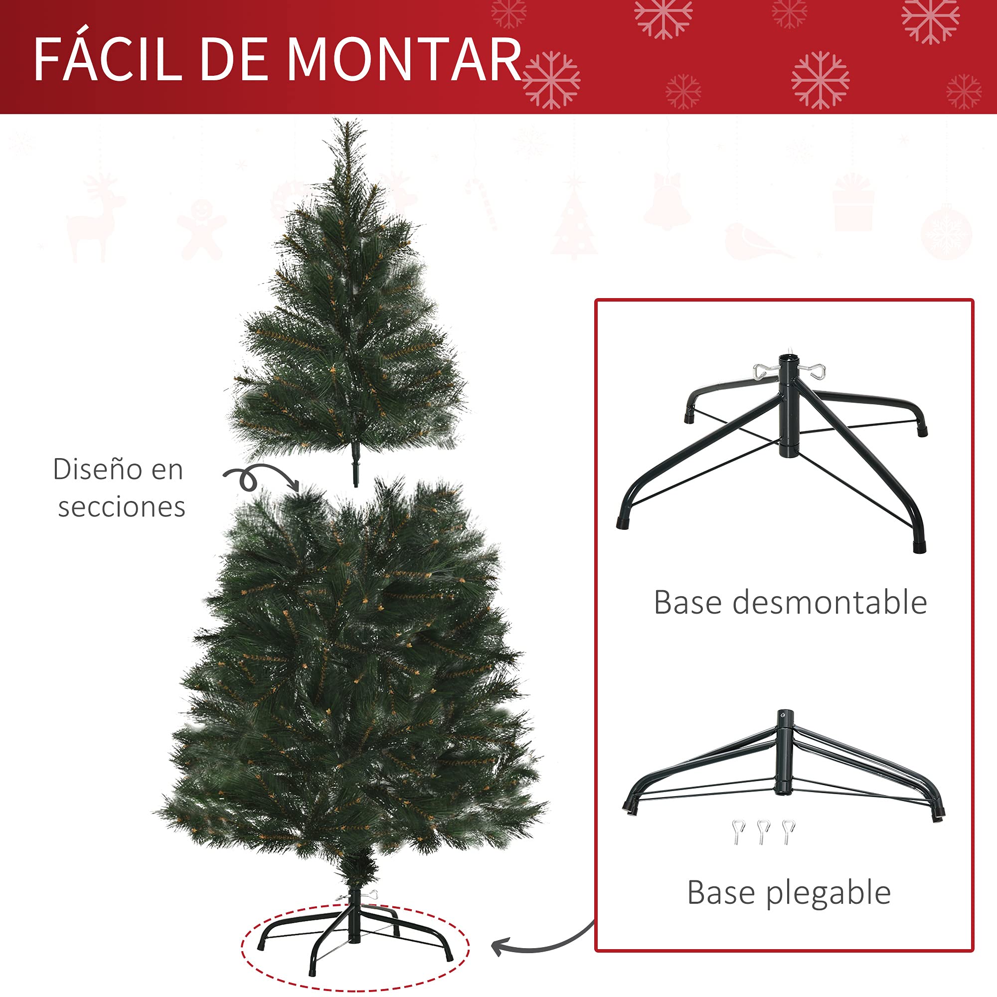 HOMCOM Árbol de Navidad 150 cm Artificial 219 Agujas PVC Ignífugo Verde
