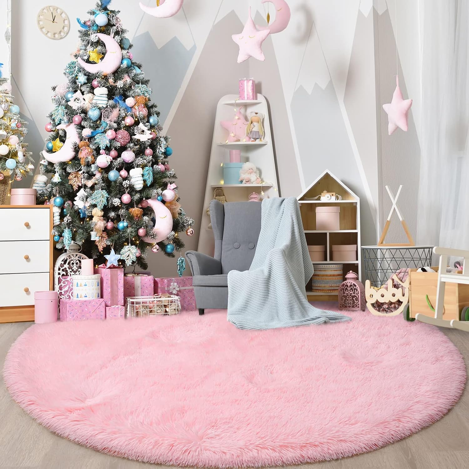 Tenekee Round Rugs for Bedrooms Fluffy Living Room Circle Area Rug Soft Shaggy Carpet for Kids Room Floor Mat (Pink, 120cm)