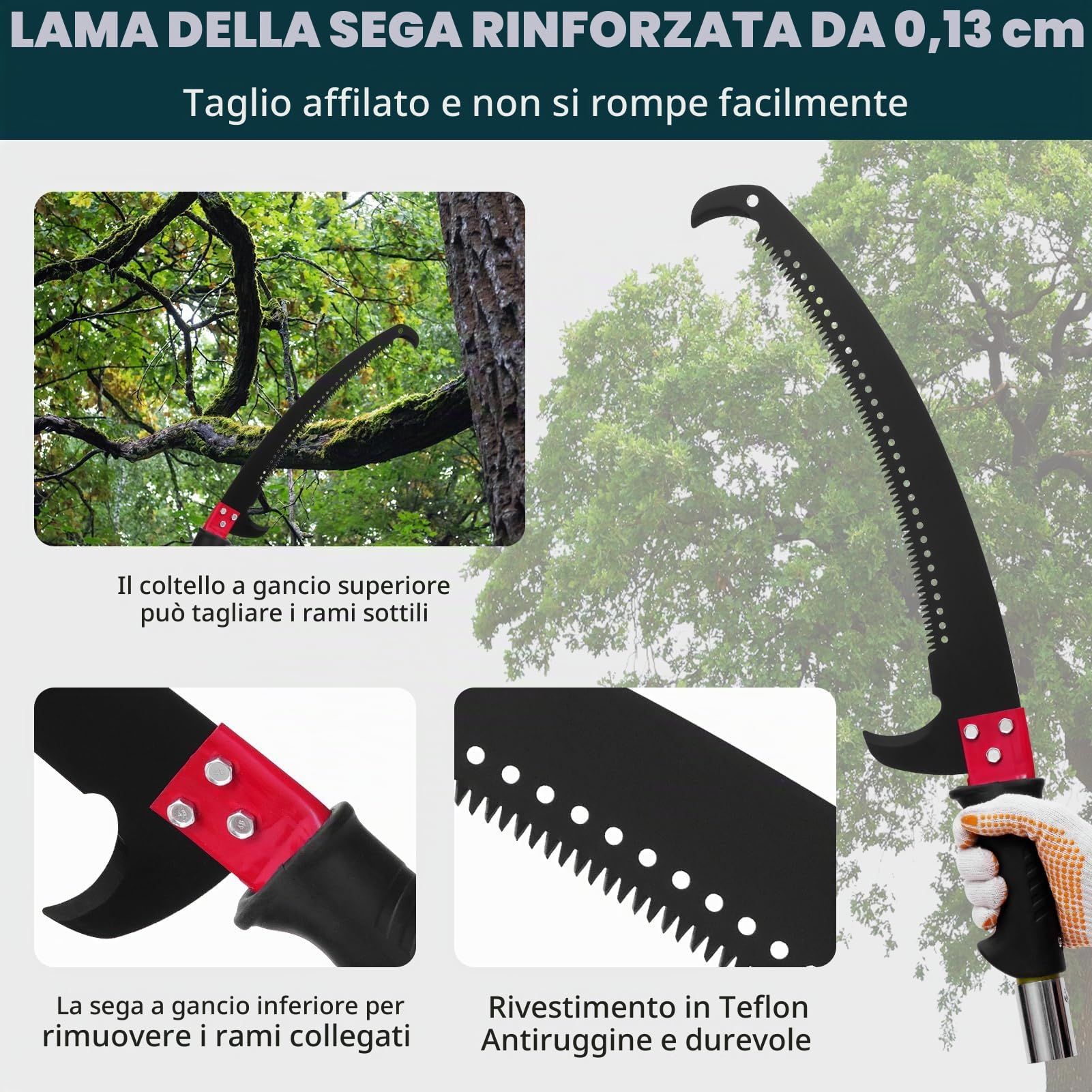 Sega da potatura con manico telescopico, 8 m, altezza regolabile, 2,24 m, 8,24 m, lama in acciaio al carbonio con borsa per il trasporto e 2 lame fino a 10 m di altezza di lavoro, manuale Pole