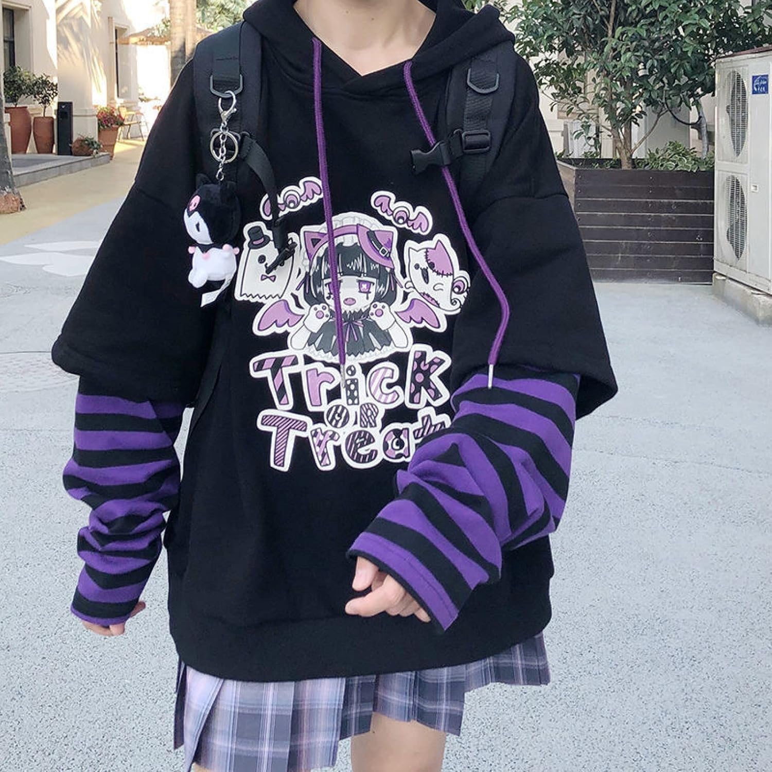 Harajuku Women's Sweater Japanese Girl Fake Two-Piece Sweater Cute Striped Loose Hooded top - Image 5