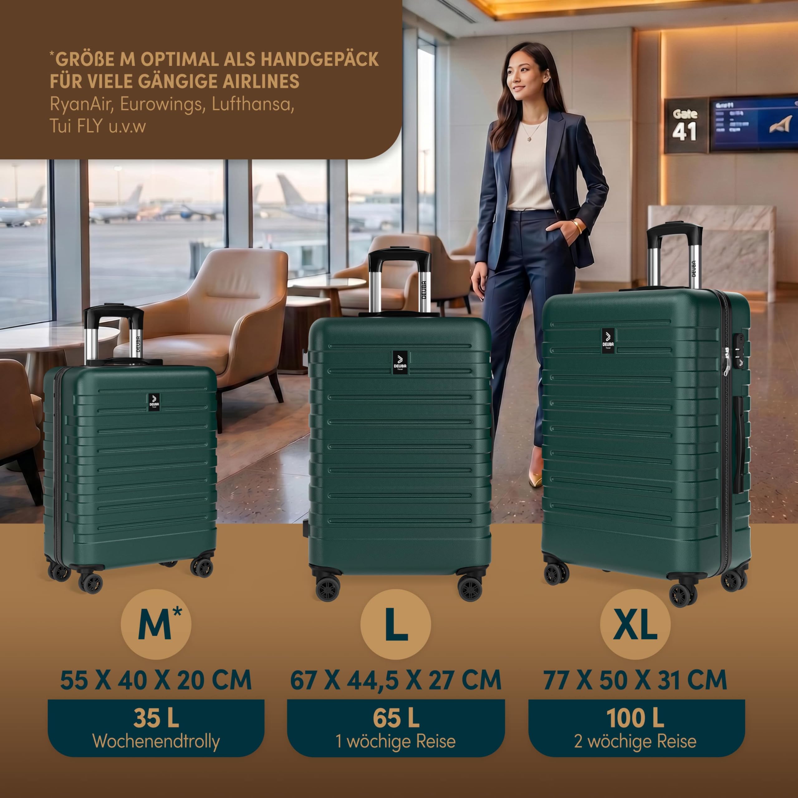 Deuba TRAVEL Set di Valigie Rigide 3 Pezzi M/L/XL con Valigia Rigida da Viaggio Grande con Rotelle a 360° Bagaglio a Mano Trolley in Materiale ABS