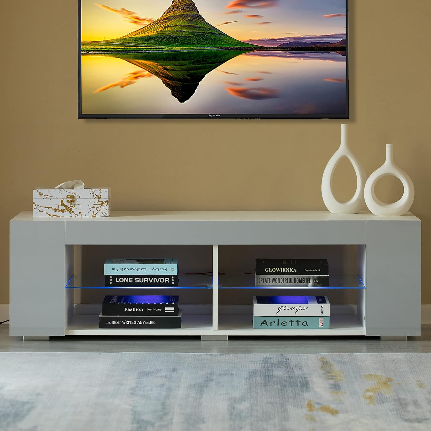 Basicwise White Entertainment TV Stand with LED Lights and Glass Shelves with UV Frame image 3