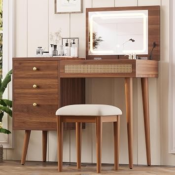 47" Rattan Vanity Table with Mirror and Lights, Brown Makeup Vanity with Storage & 5 Drawers, Boho Vanitys Desk with Shelves for Bedroom, 3 Lighting Modes, Adjustable Brightness Brown