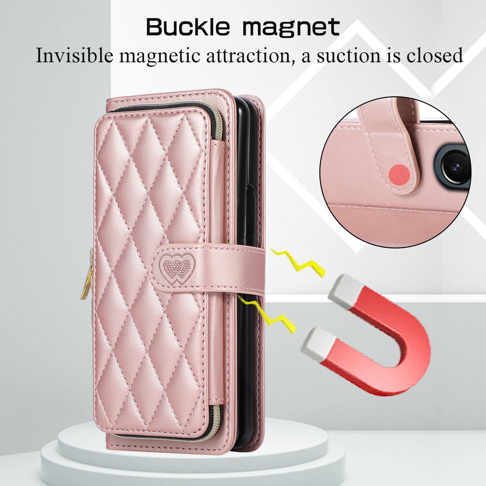 Etui-portfel do Samsung Galaxy Z Fold 6, skórzane etui z zamkiem magnetycznym, etui na karty, modne etui na telefon komórkowy z klapką, różowe