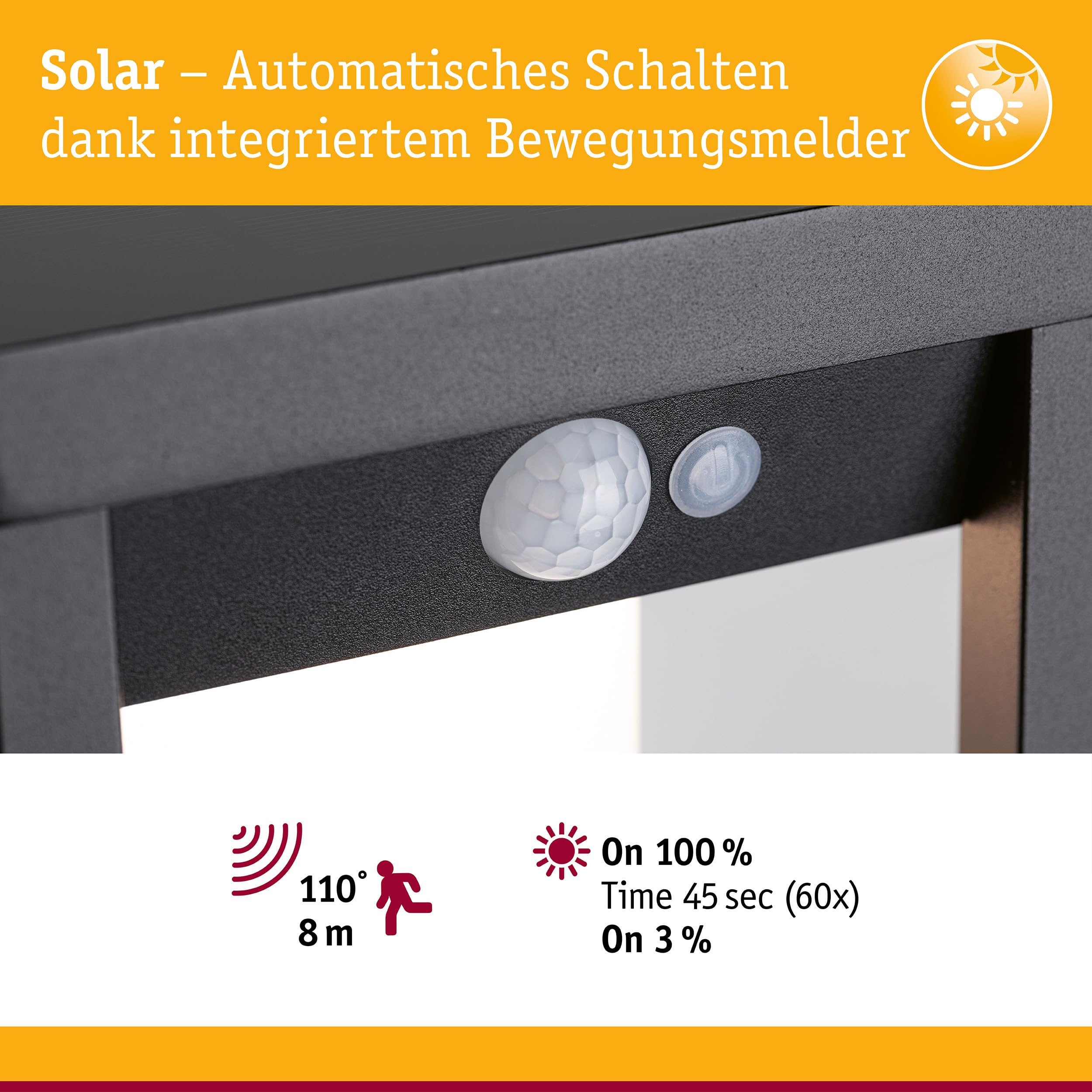 Paulmann 94572 LED Solar Außenwandleuchte Marisol mit Bewegungsmelder IP44 incl. 1x5,5 W Warmweiß Schwarz kabellos Kunststoff 3000 K