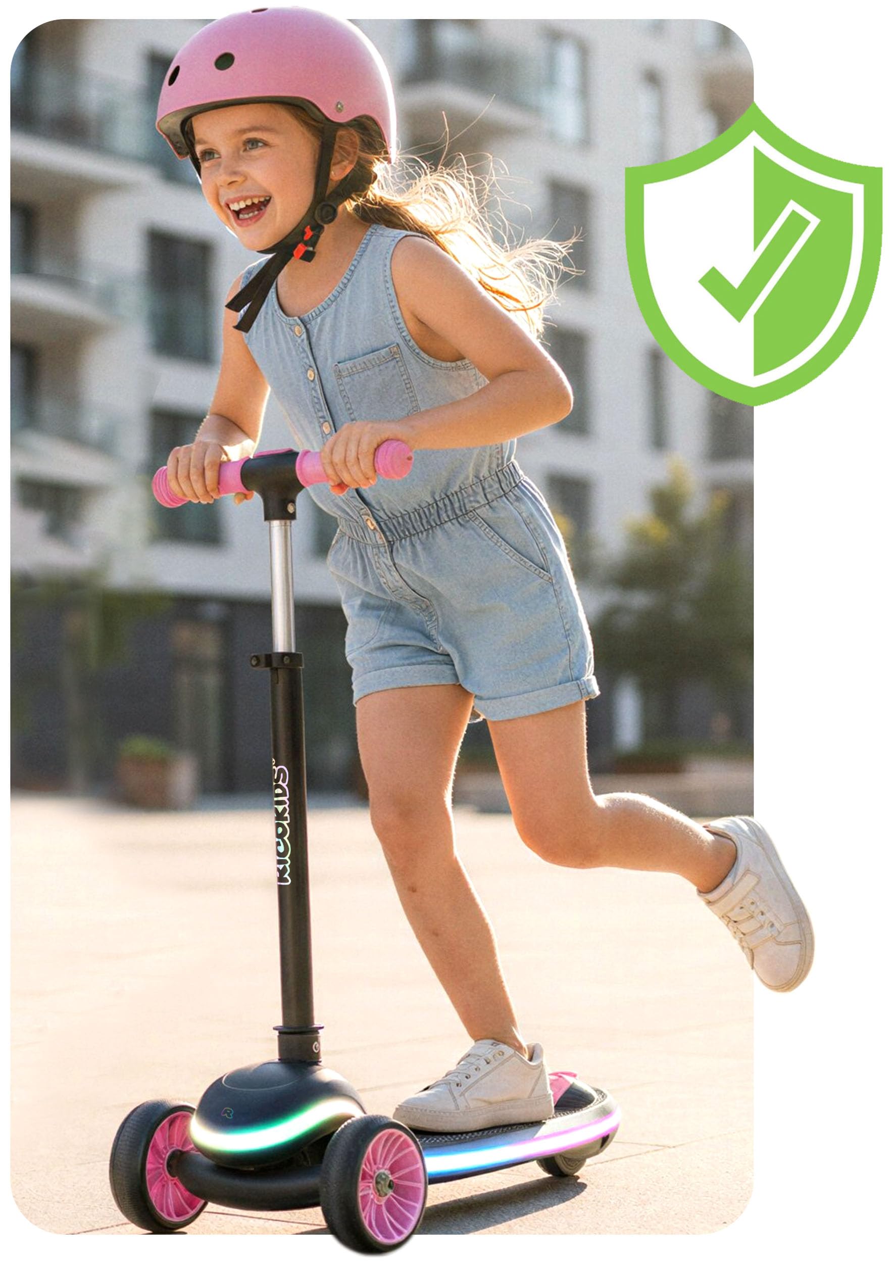 Ricokids Hulajnoga trójkołowa dla dzieci od 3 lat - Składana hulajnoga balansowa LED ze świecącym podestem - 20 trybów światła - 3-stopniowa regulacja kierownicy - Leddi Czarna, różowa