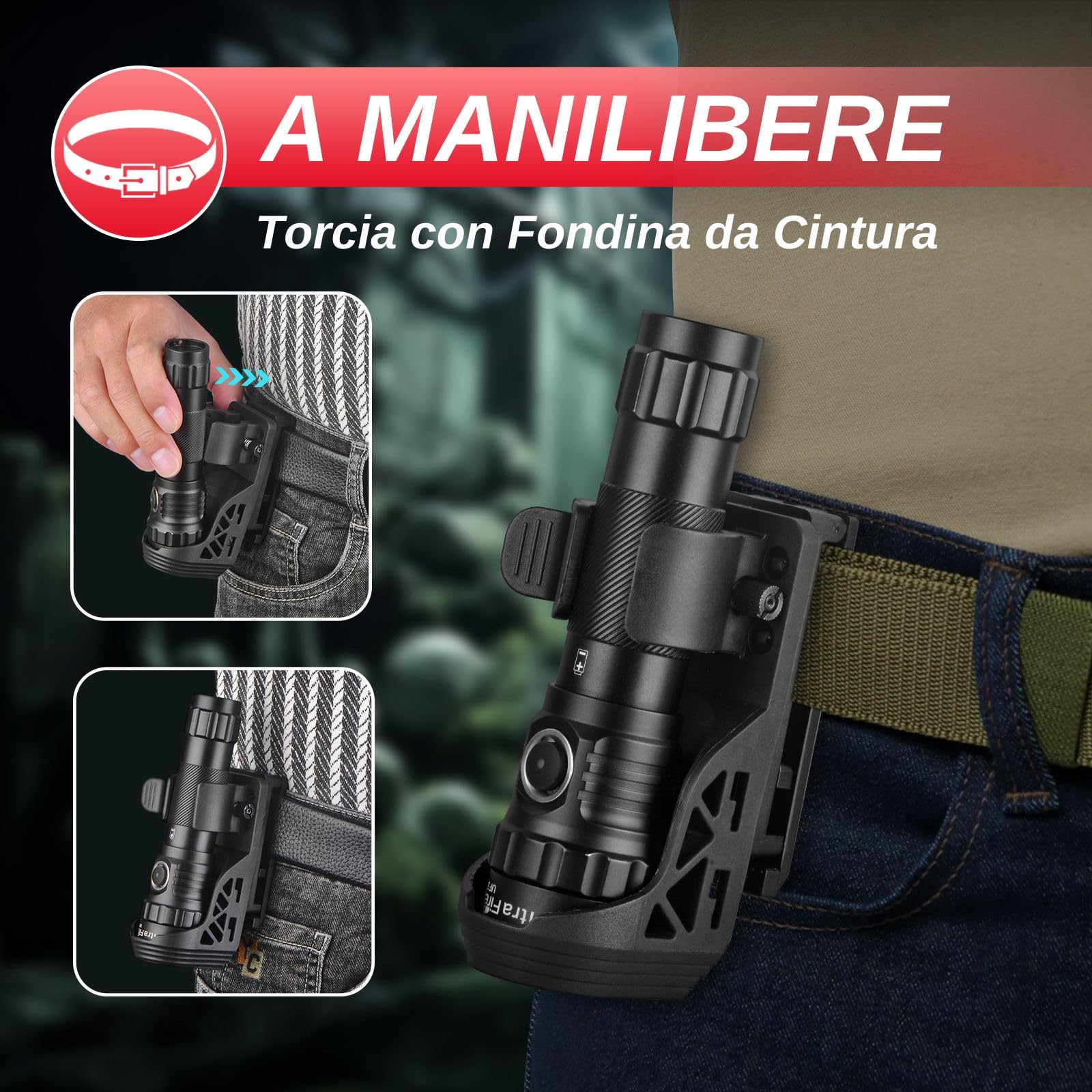 UltraFire Torcia Tattica con Fondina, 1200 Lumen, Torcia Ricaricabile per la Polizia con Fondina per Cintura, 3 Modalità LED, Torcia per Sicurezza, Campeggio, Soccorso, UF3