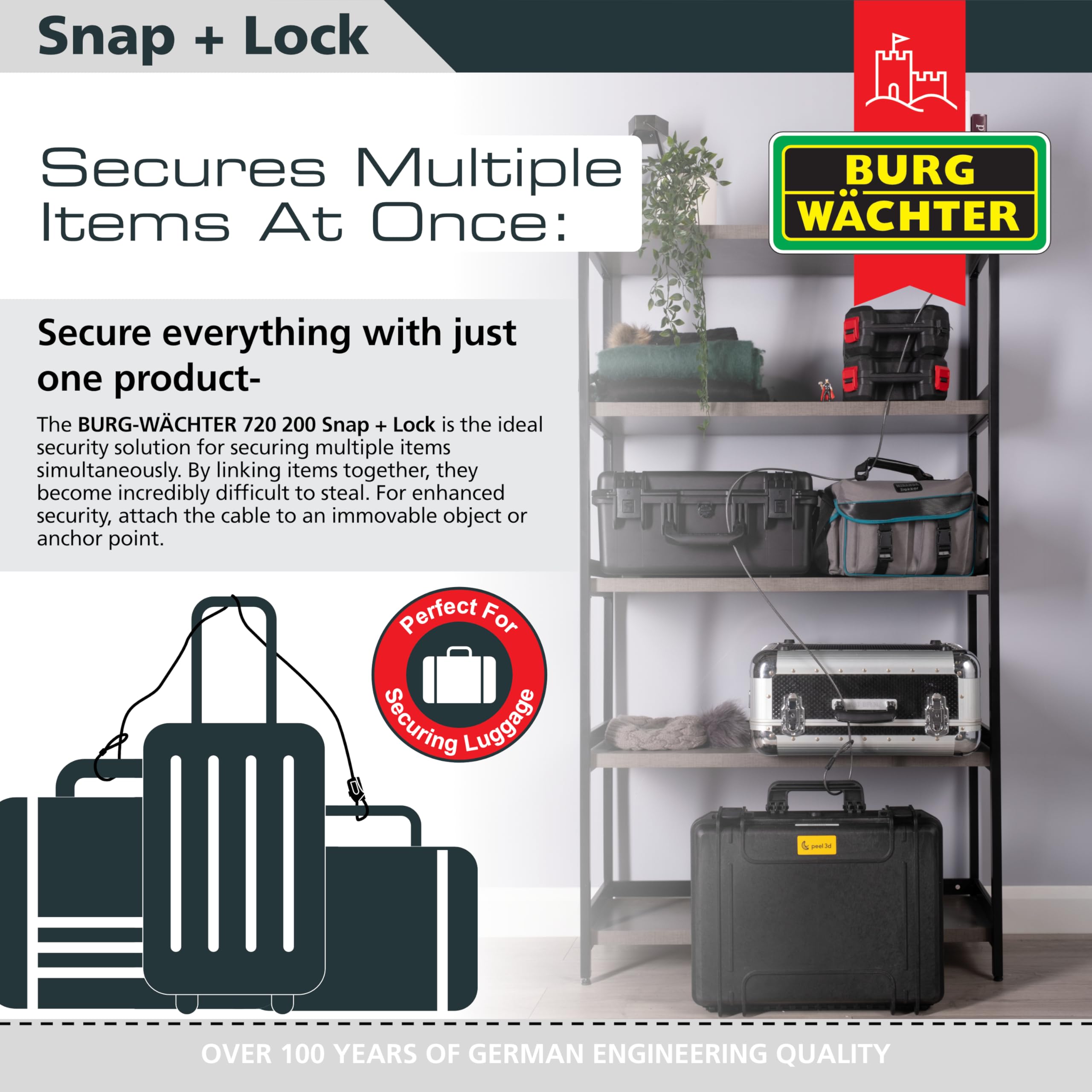 Burg-Wächter 720 200 Snap+Lock Câble antivol pour vélo, moto, scooter électrique et mobilier de jardin Noir 2 m