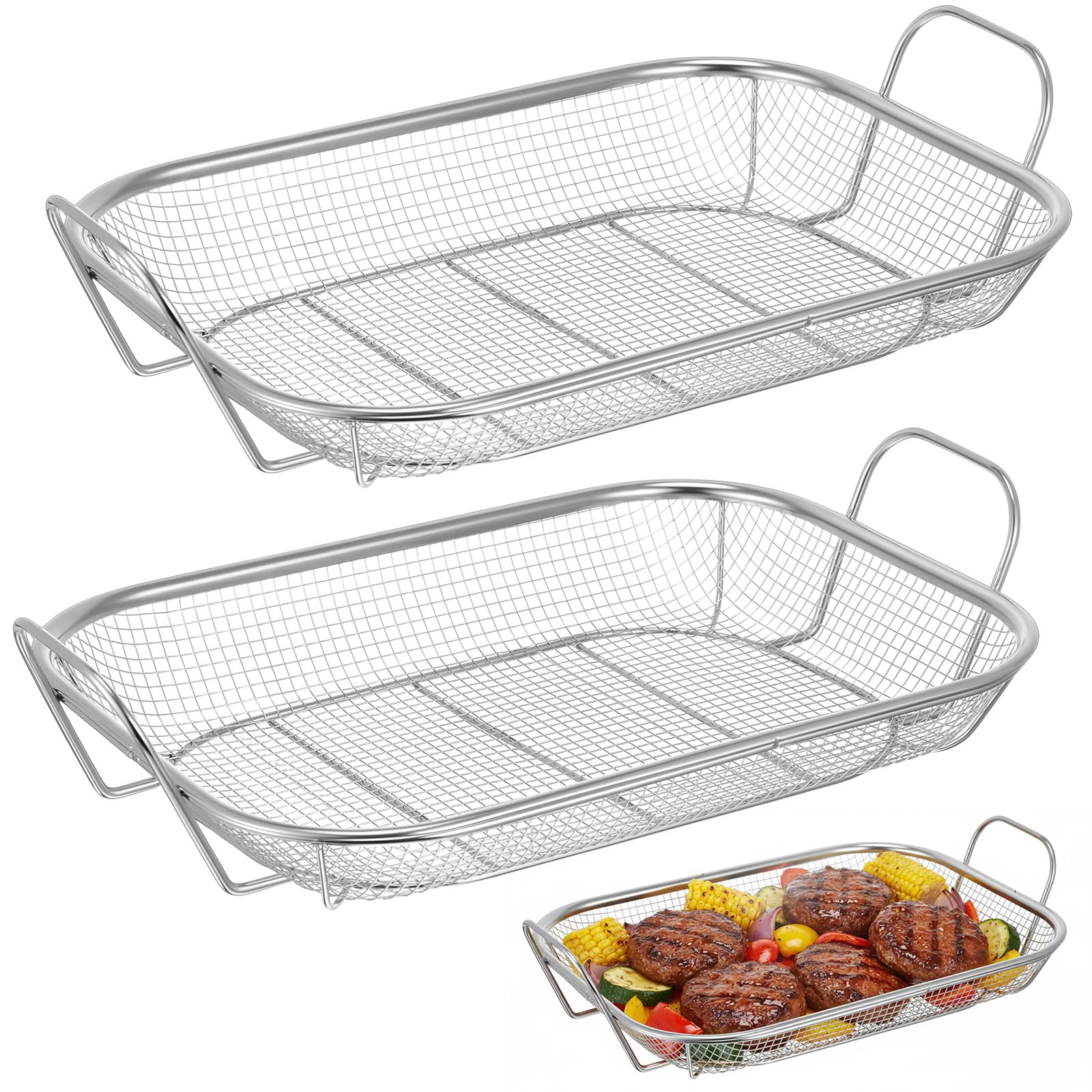 LemonRoad 2 pezzi in acciaio inox griglia arrosto cestino esterno, 38 x 28 cm grande verdure e carne barbecue cestino con due manici, lavabile in lavastoviglie