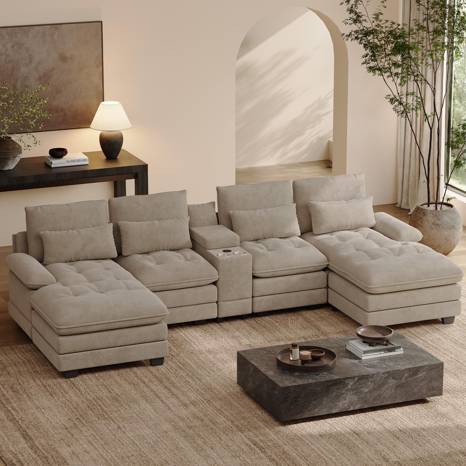 BEQAI 134 inch U-Shaped Sectional Couch in Camel