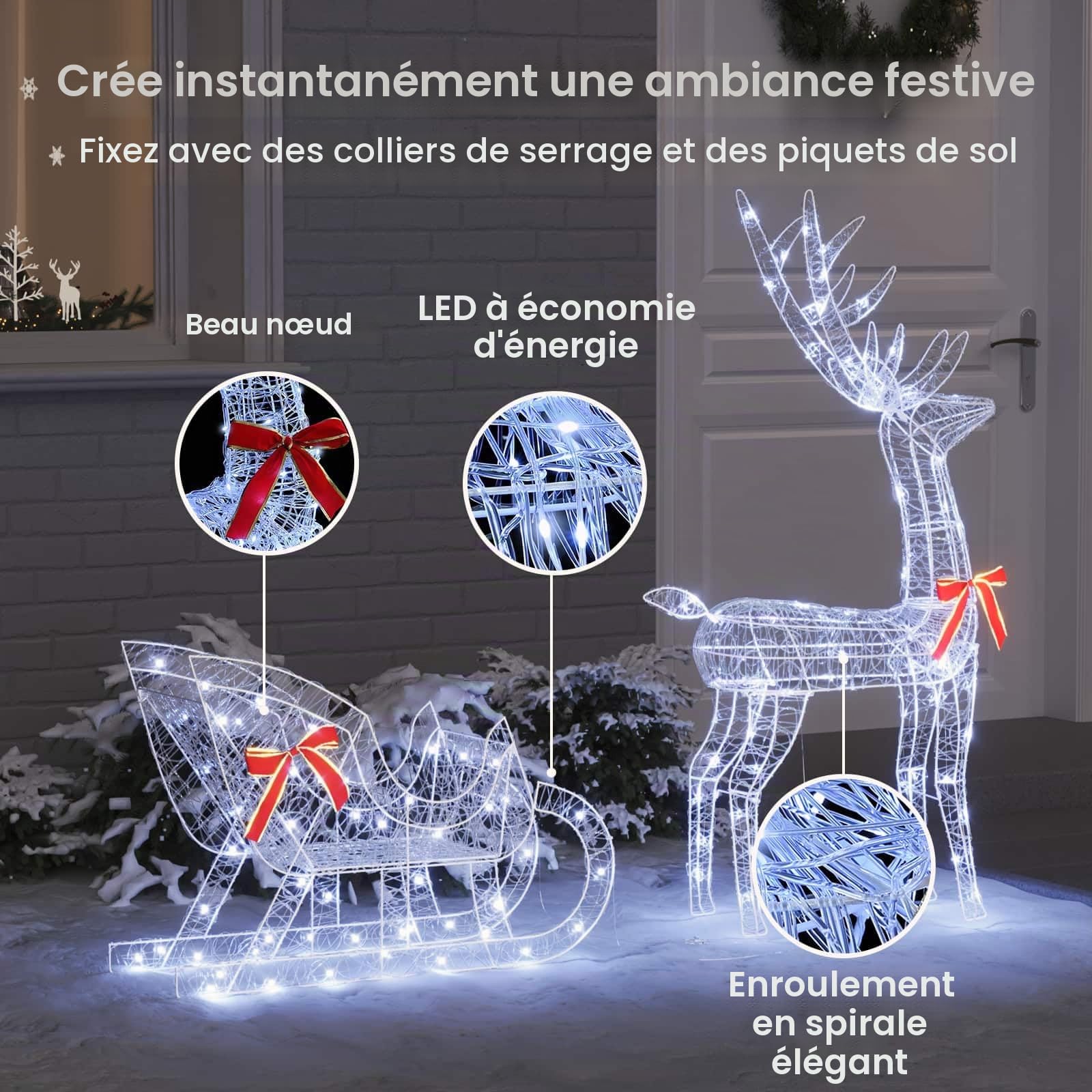 vidaXL Traîneau tiré par Un Renne Blanc Froid 70 x 26 x 130 cm, Sapin Moderne, déco en Rennes Durable, Figurine de Noël, lumières LED USB, déco Acrylique Minimaliste