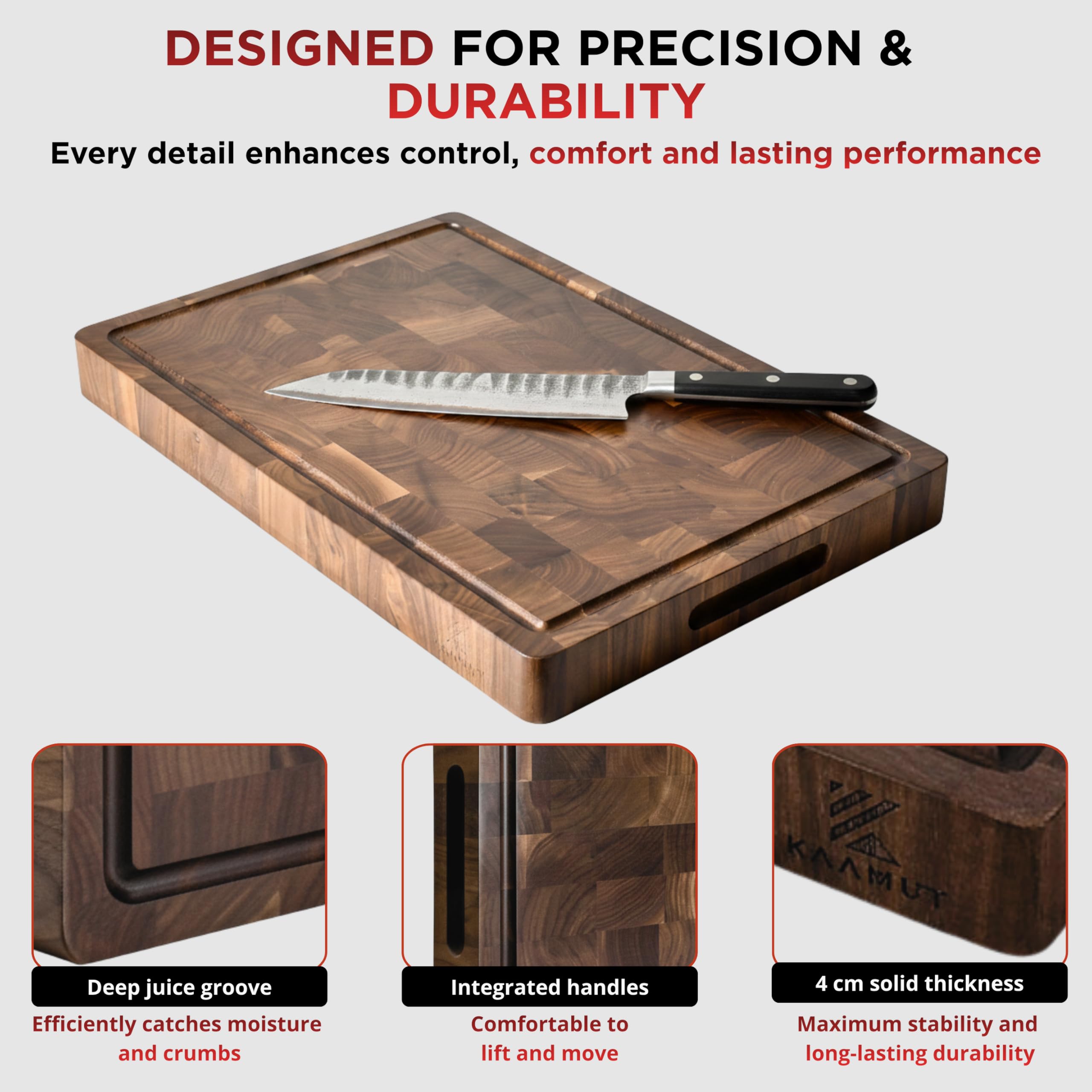 Tagliere di lusso in legno di punta massiccia in noce nero nordamericano – extra spesso e durevole – 45 × 30 × 4 cm – Rigola per succhi e manici – piedini antiscivolo – confezione regalo