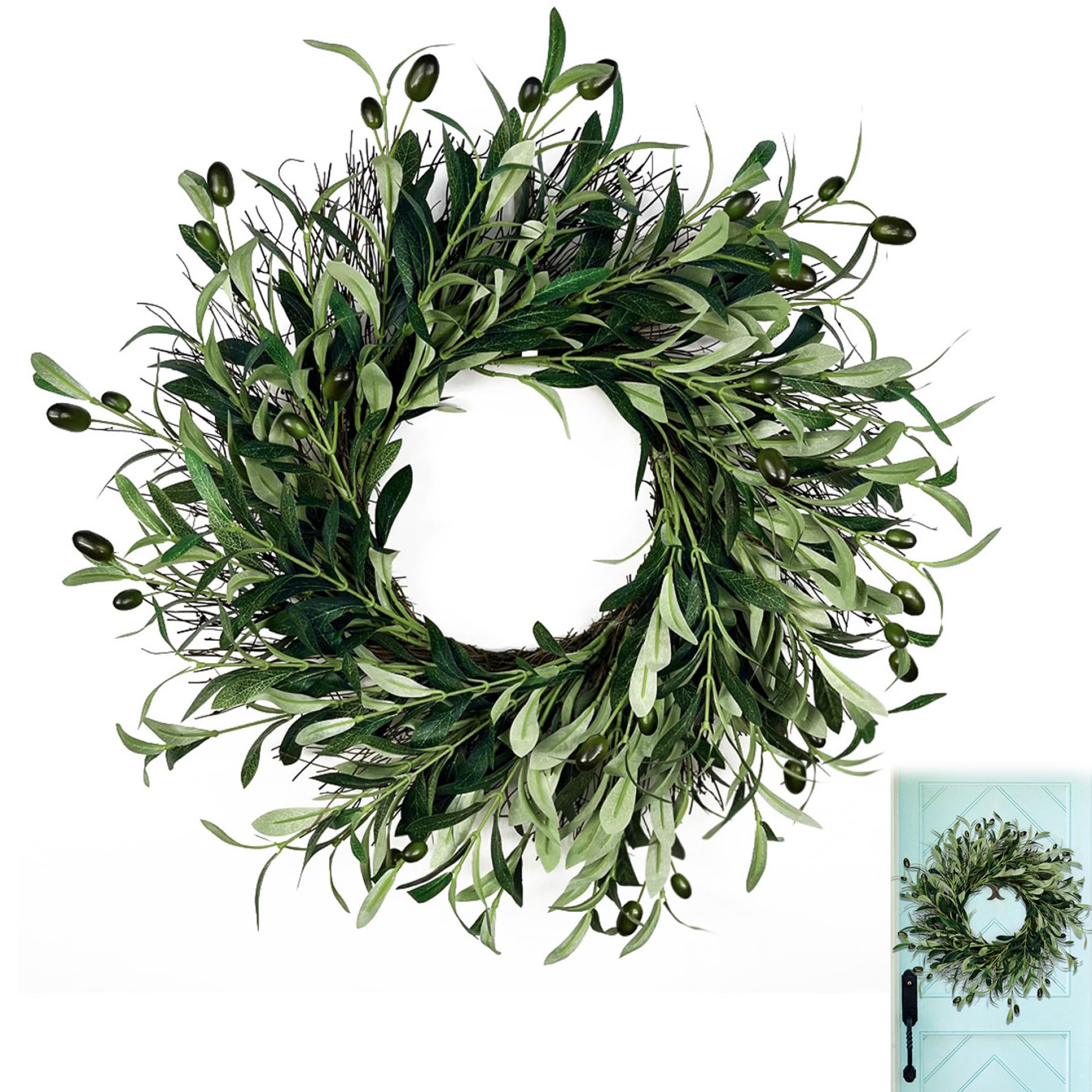 Licsaliwe Green Olive Wreath For Front Door 20 Inch Artificial Wreath For Indoor, Outdoor Decor, All Seasons