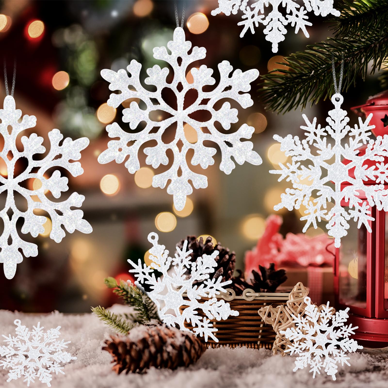 Weiße Schneeflocken-Ornamente, Kunststoff, Glitzer, Schneeflocken, Ornamente für den Winter, Weihnachtsdeko, Weihnachtsbaumschmuck, Größe variiert, 36 Stück