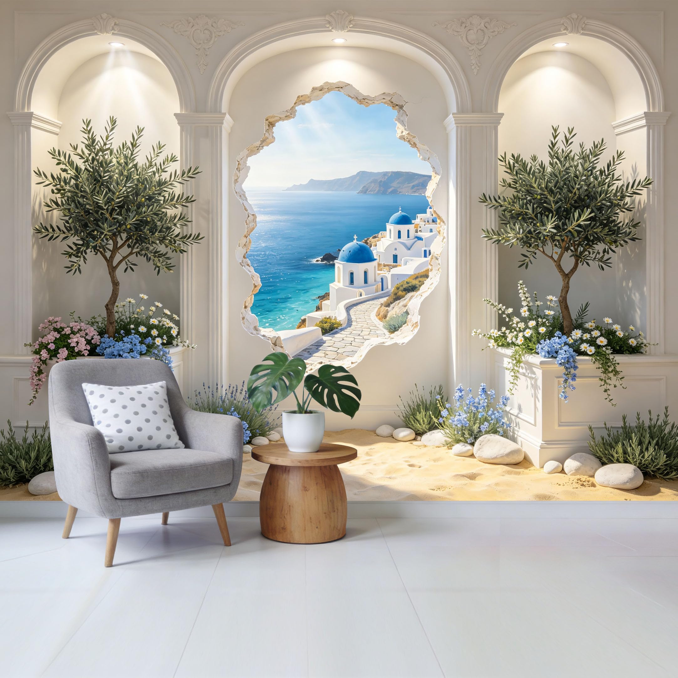Custom Size Wall Mural Mediterranean Coastal Blue Dome Architecture Sunset Ocean View Removable Self Adhesive Fabric Home Wall Decor for Living Room Bedroom Bathroom