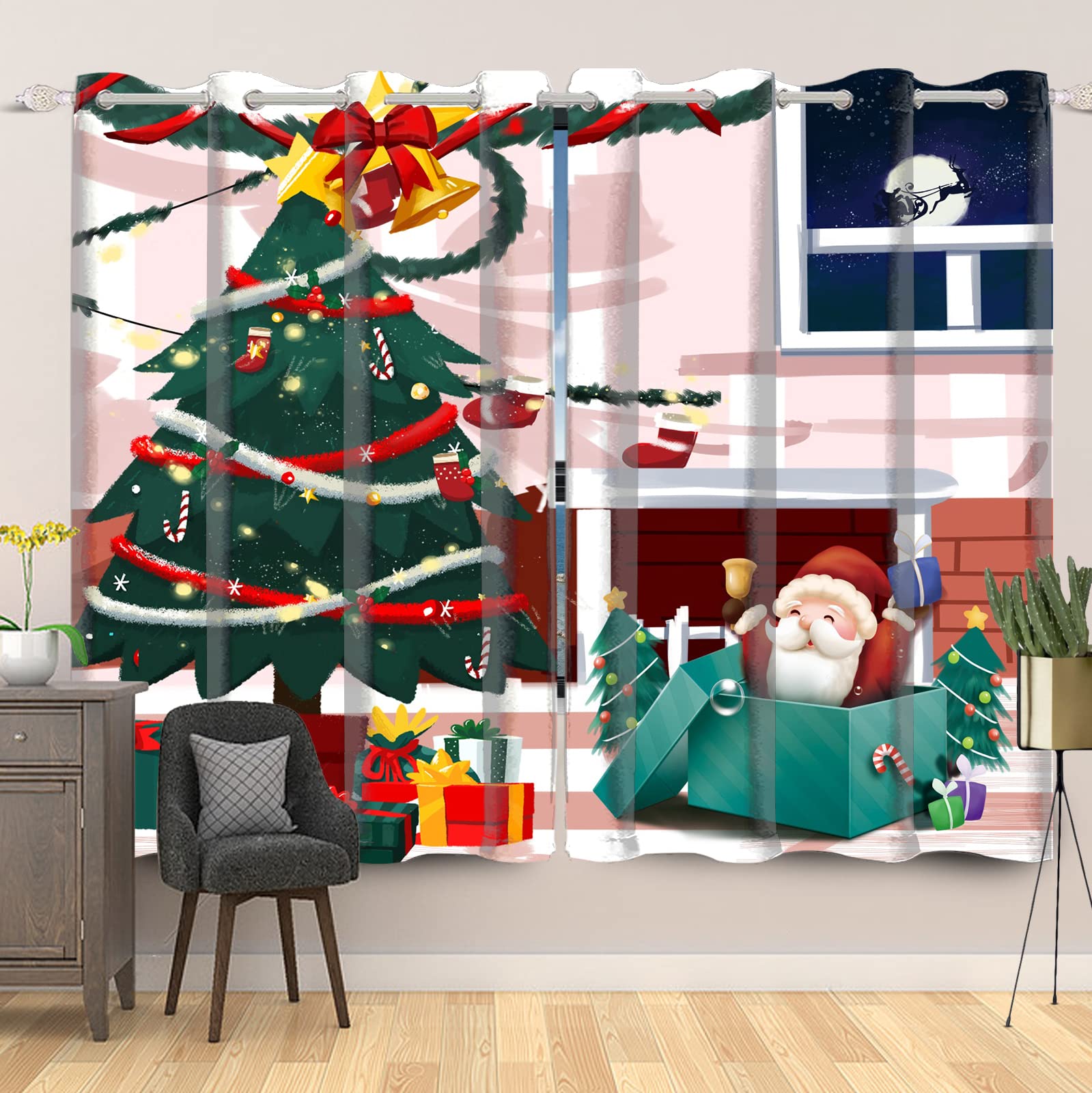 DORCEV Christmas Curtains Cartoon Cute Santa Claus Window Curtains for Kids Bedroom Blackout Decor Glitter Christmas Tree Xmas Gift Window Drapes for Living Room Bedroom Kitchen,53x84 inch,2 Panels