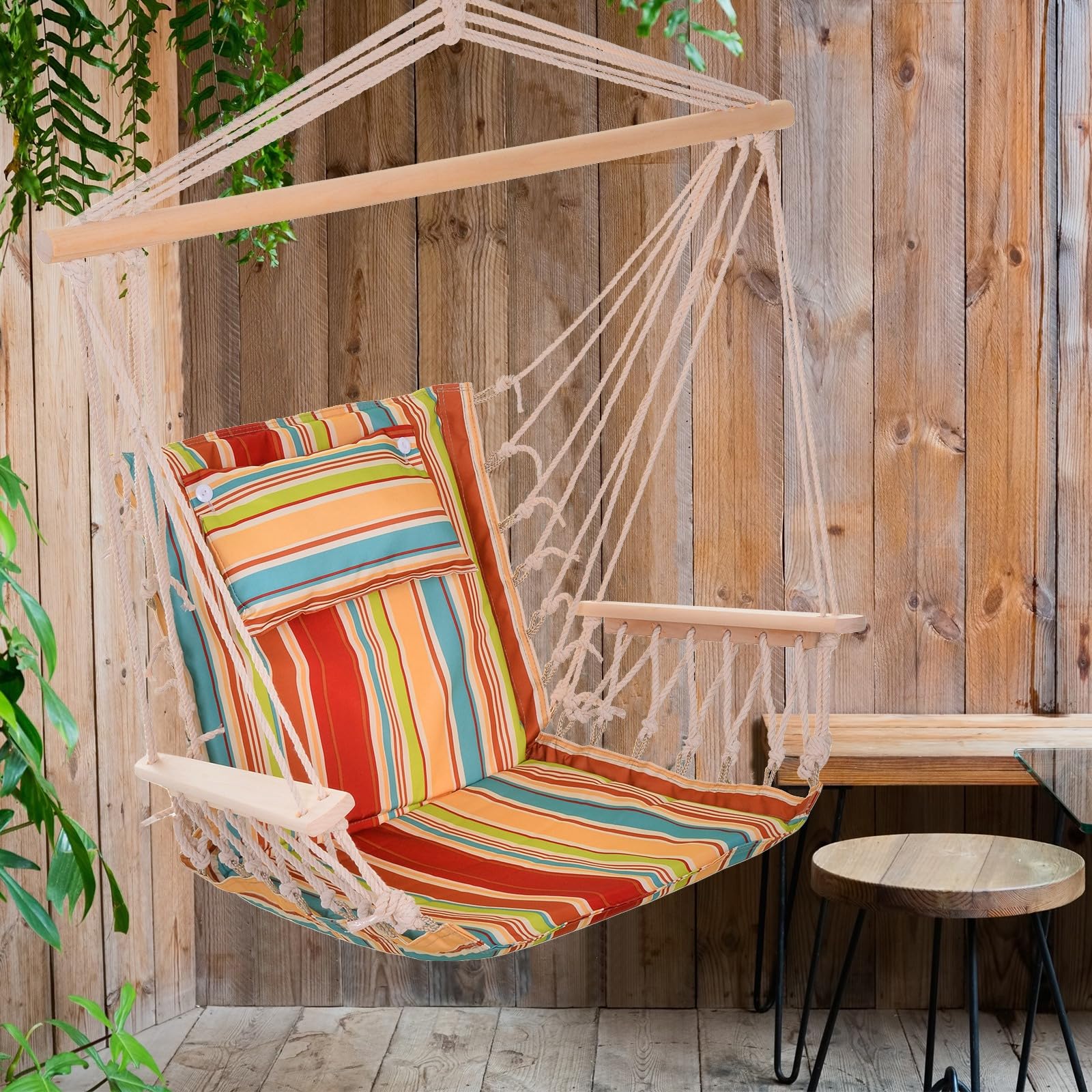Outsunny Chaise Suspendue hamac de Voyage Respirant Portable dim. 100L x 106H cm Coton macramé Polyester Multicolore rayé