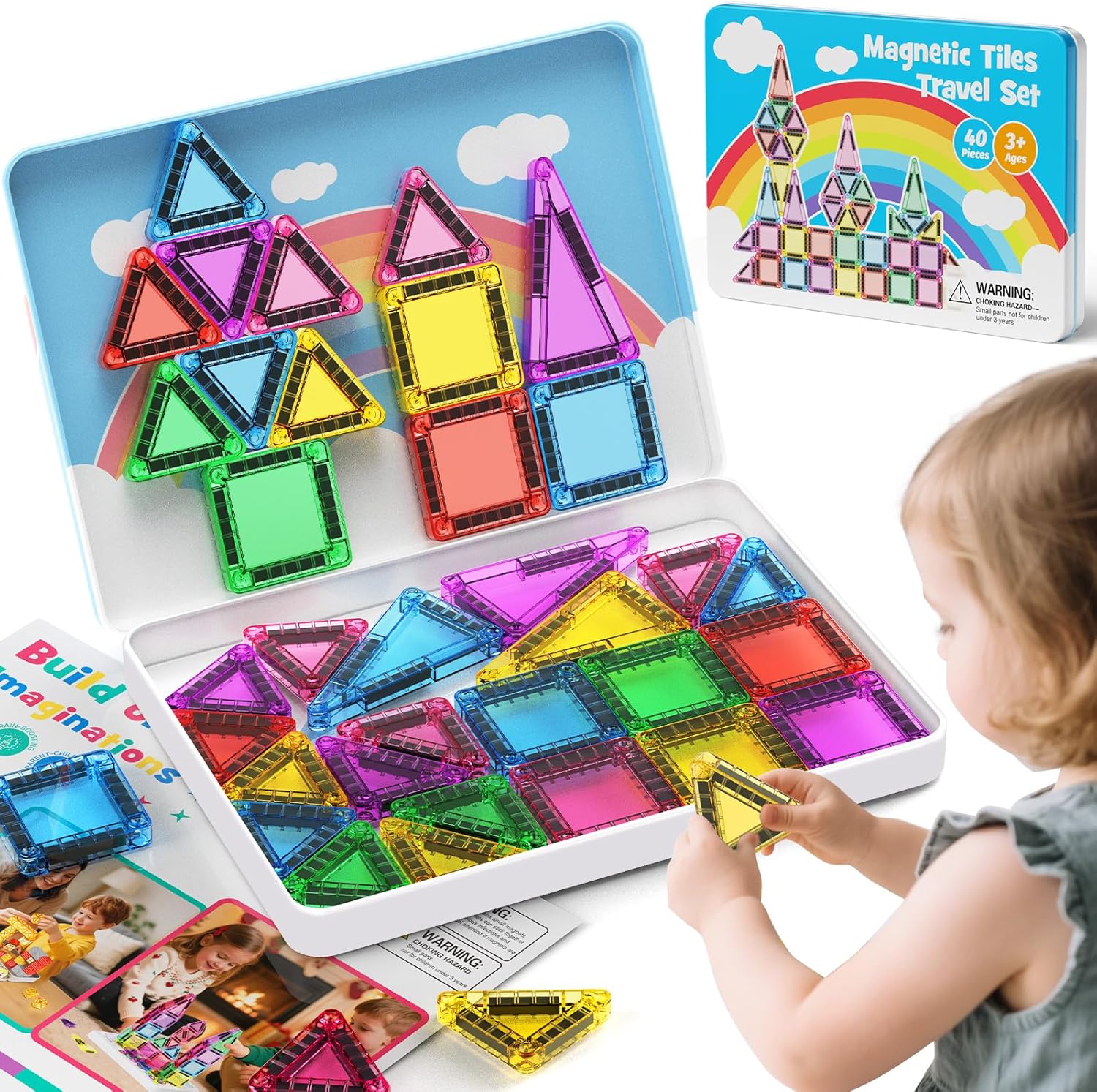 40 Pieces Magnetic Tiles for Kids Ages 4-8, Travel Magnetic Building Blocks Set with Iron Box, STEM Outdoor Kids Toys Gift for Boys & Girls 3+ Year Old, Pocket-Sized Classroom Must Haves