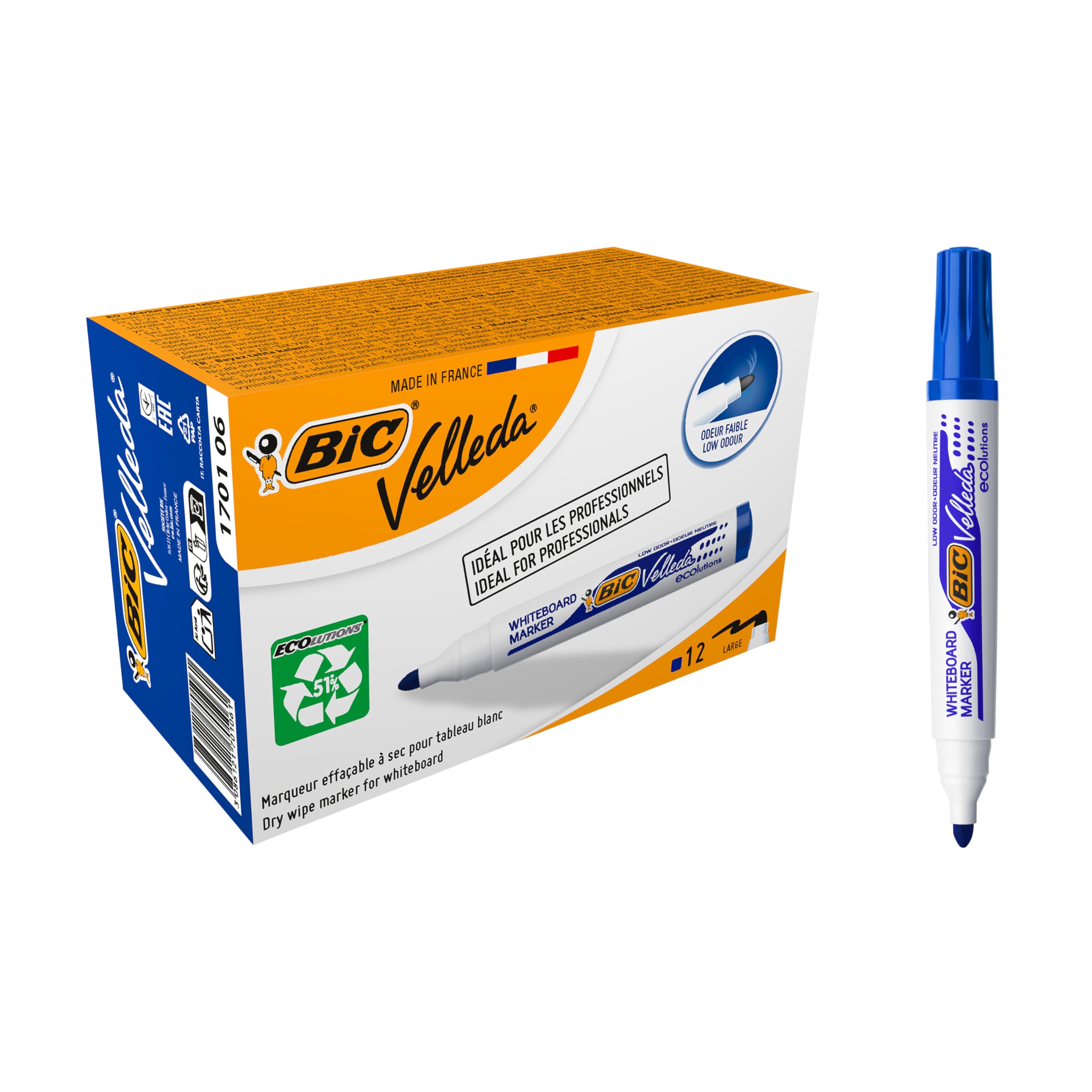 Feutres pour tableau blanc BIC Velleda 1701 effaçables à sec pointe large bleue