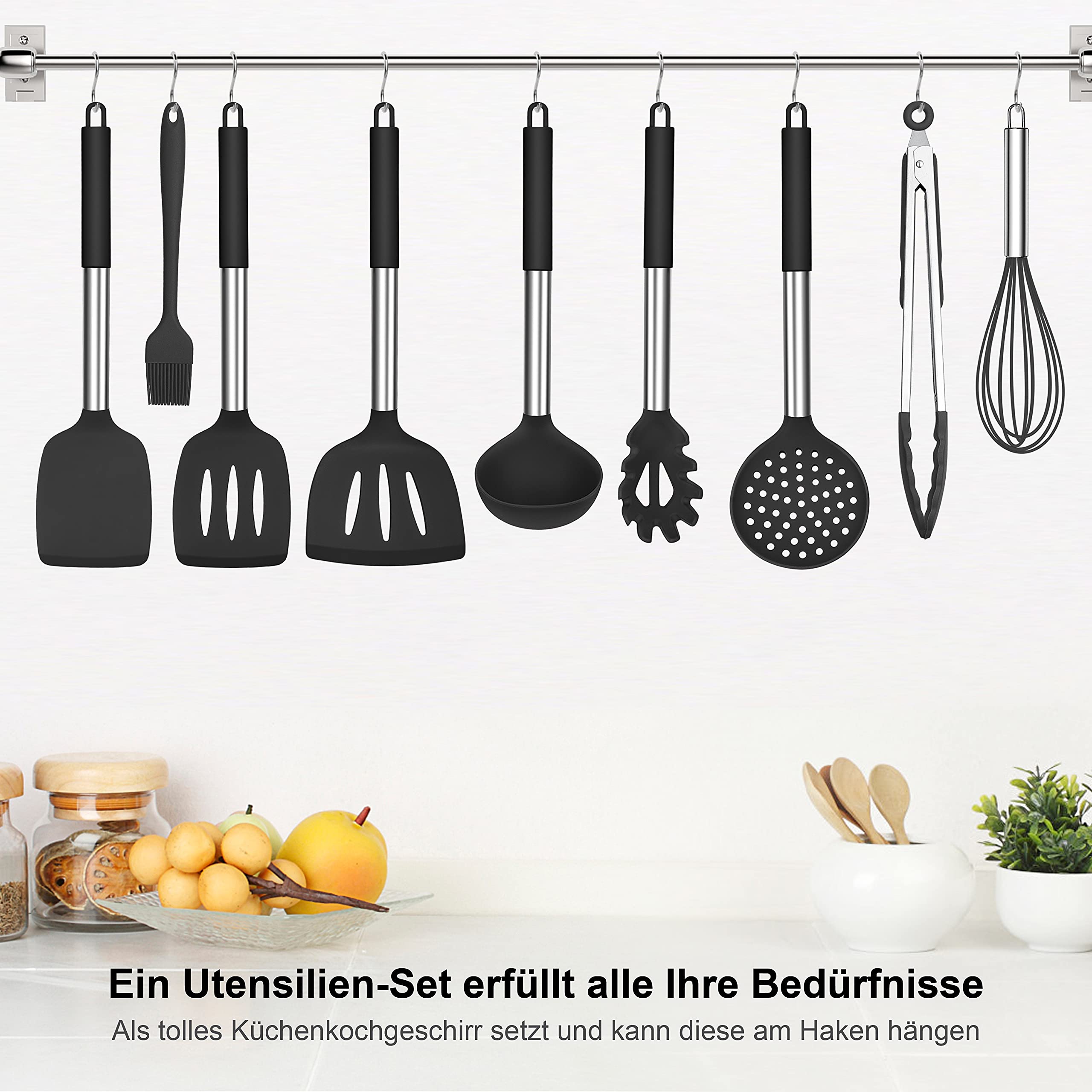 Herogo Lot de 25 ustensiles de cuisine en silicone avec support, résistants à la chaleur avec poignée en acier inoxydable, ustensiles de cuisine antiadhésifs, récipients de rangement, noir