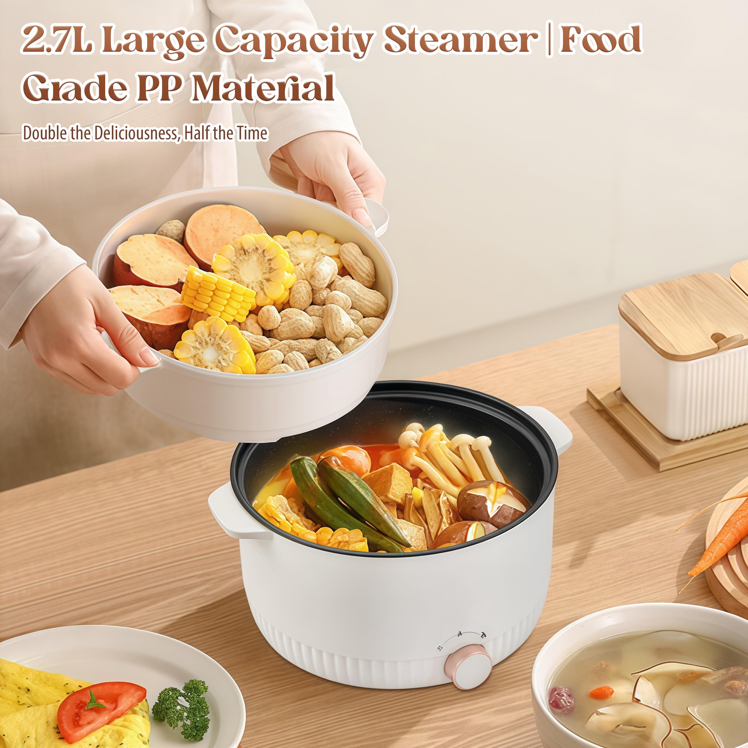 Elektrischer Hot Pot mit Dampfeinsatz, 5L Elektrische Hot Pot, 1350W Hotpot Topf, Tragbare Antihaft Multikocher für Braten Ramen Fondue Suppe, Elektropfanne für Zuhause, Büro, Schlafsaal