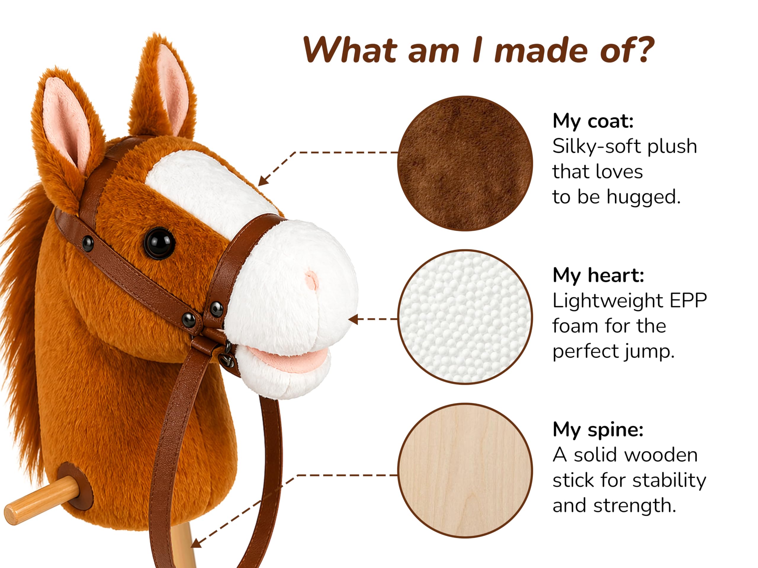 CELMAN Hobby Horse - Steckenpferd Braun A4 mit Zaumzeug und Sound - Geräuscheffekt durch Ohrdruck - Holzstab mit Rädern - Spielzeug Pferd für Kinder - Reiten & Rollenspiel