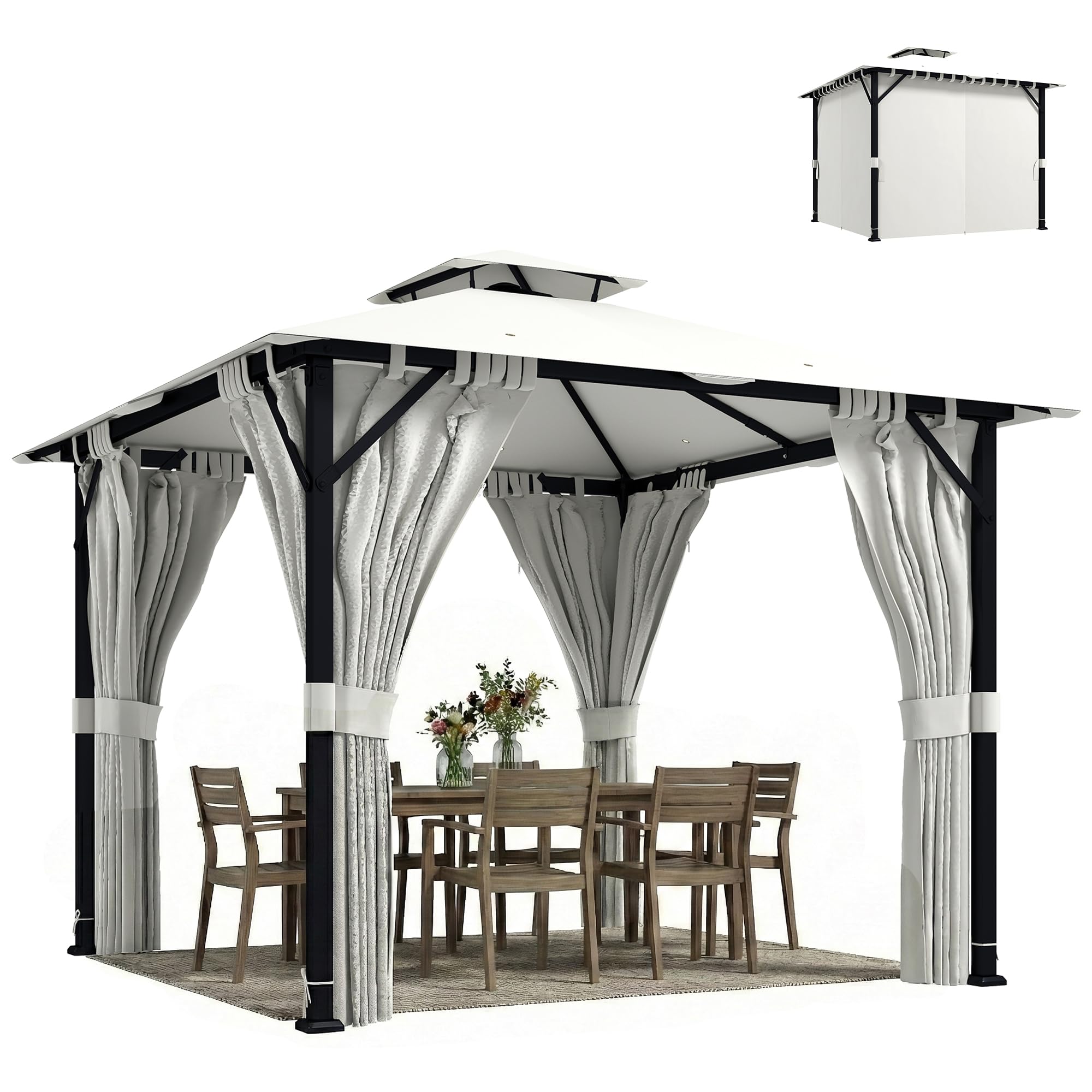Tonnelle de jardin 3x3m avec rideaux et toit double Outsunny crème