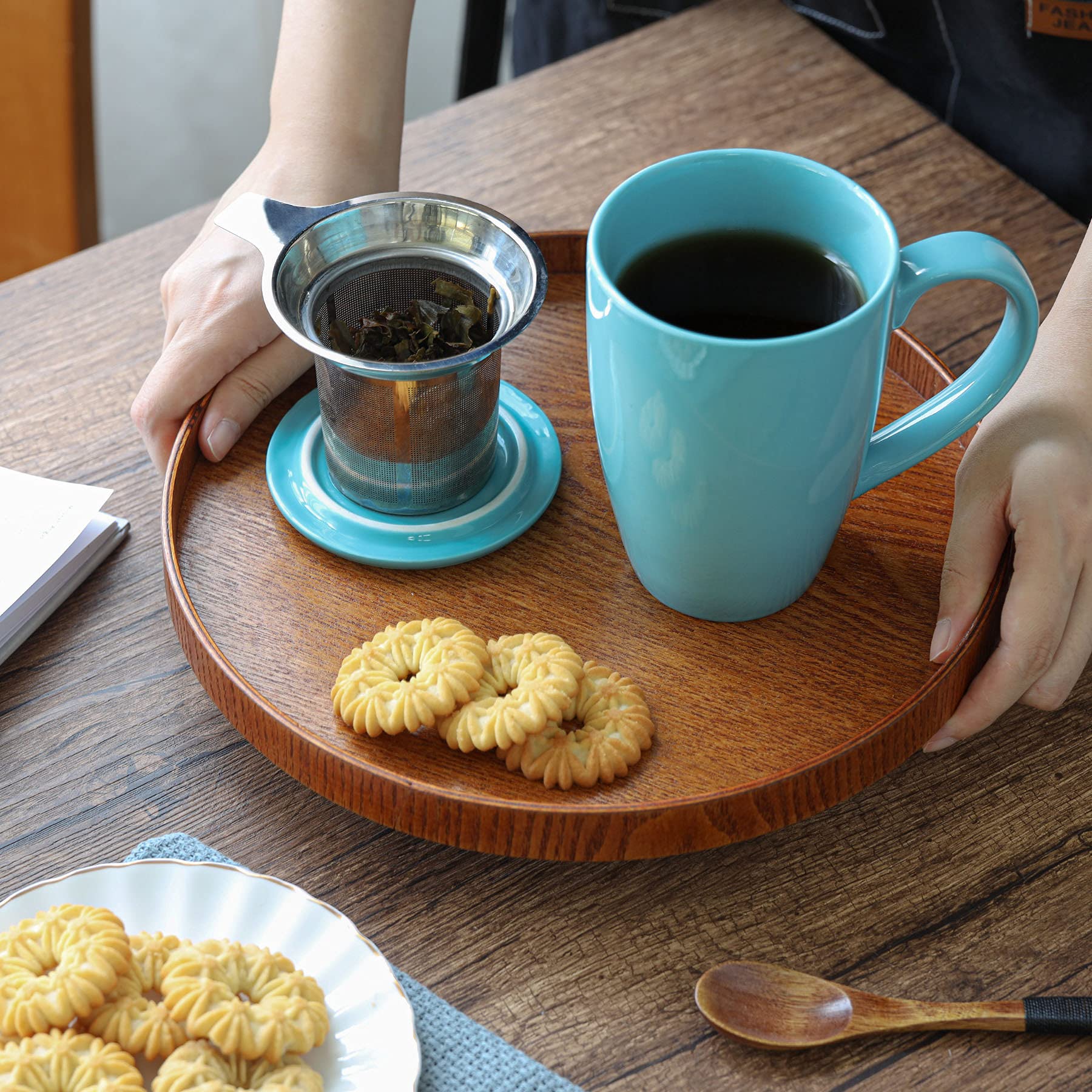 ComSaf Taza de té de cerámica con infusor y tapa, taza de porcelana grande de 16 onzas con filtro de té para hojas sueltas de té/bolsa de té, taza de té para oficina, hogar, azul