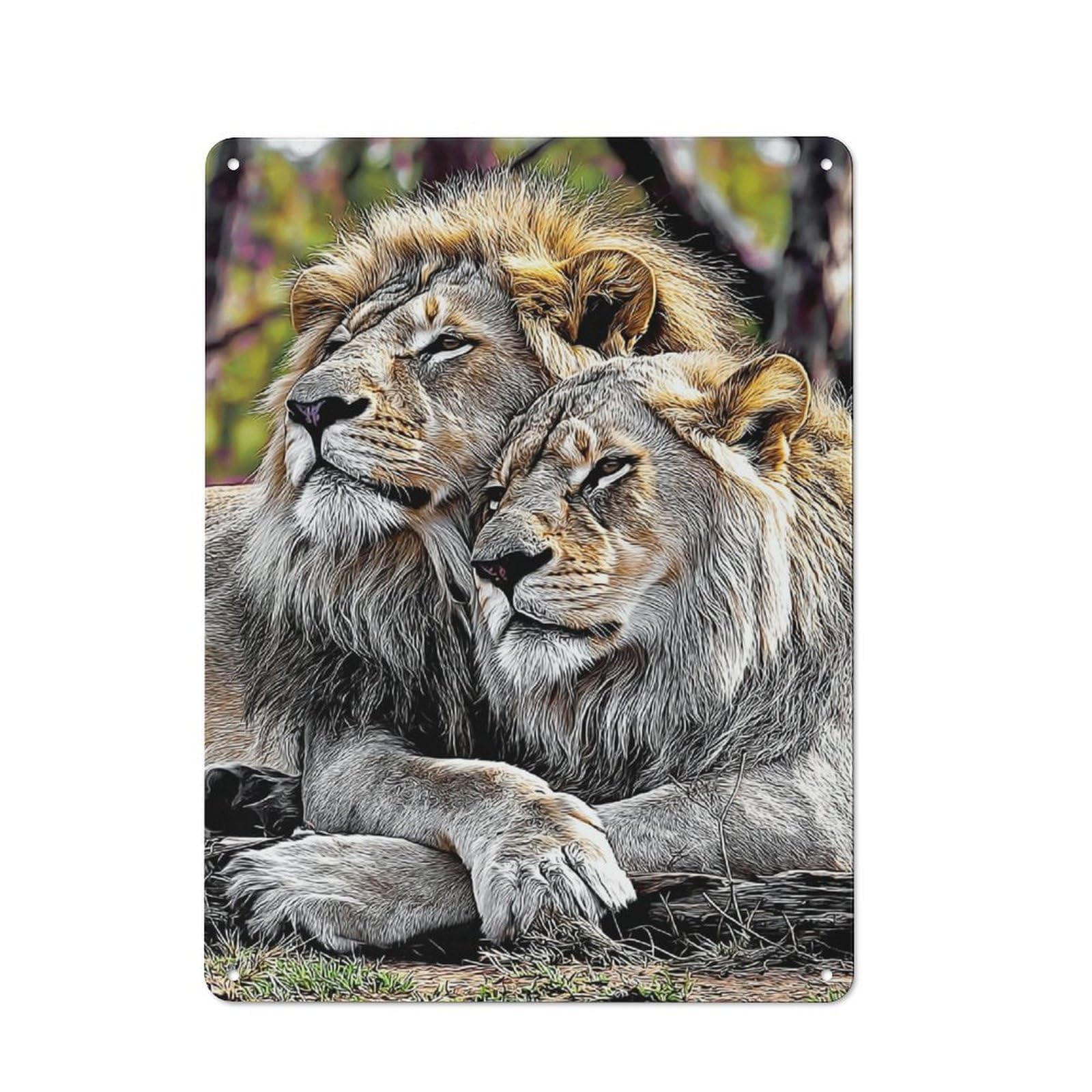 Junmoney Two Lions Resting Together In Nature Tin Wall Plaque 40X30cm With For Hobby Room Or Studio, For Home Interiors, Feature Walls And Decorative Displays