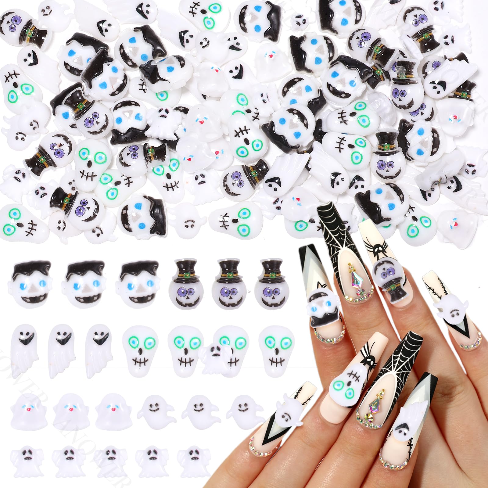 100 Pcs Halloween Nail Charms Mix Styles 3D Ghost Halloween Mini Resin Slime Figures Charm Black and White Clown Nails Art Charms for Spooky Resin