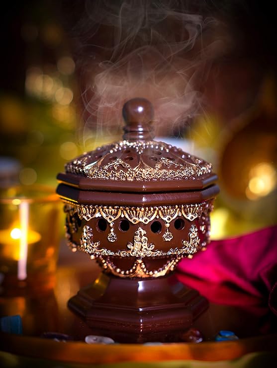 AM Luxury Octagon Charcoal Incense Burner (Brown) and Bakhoor Naaim Incense (3 Pack) Bundle