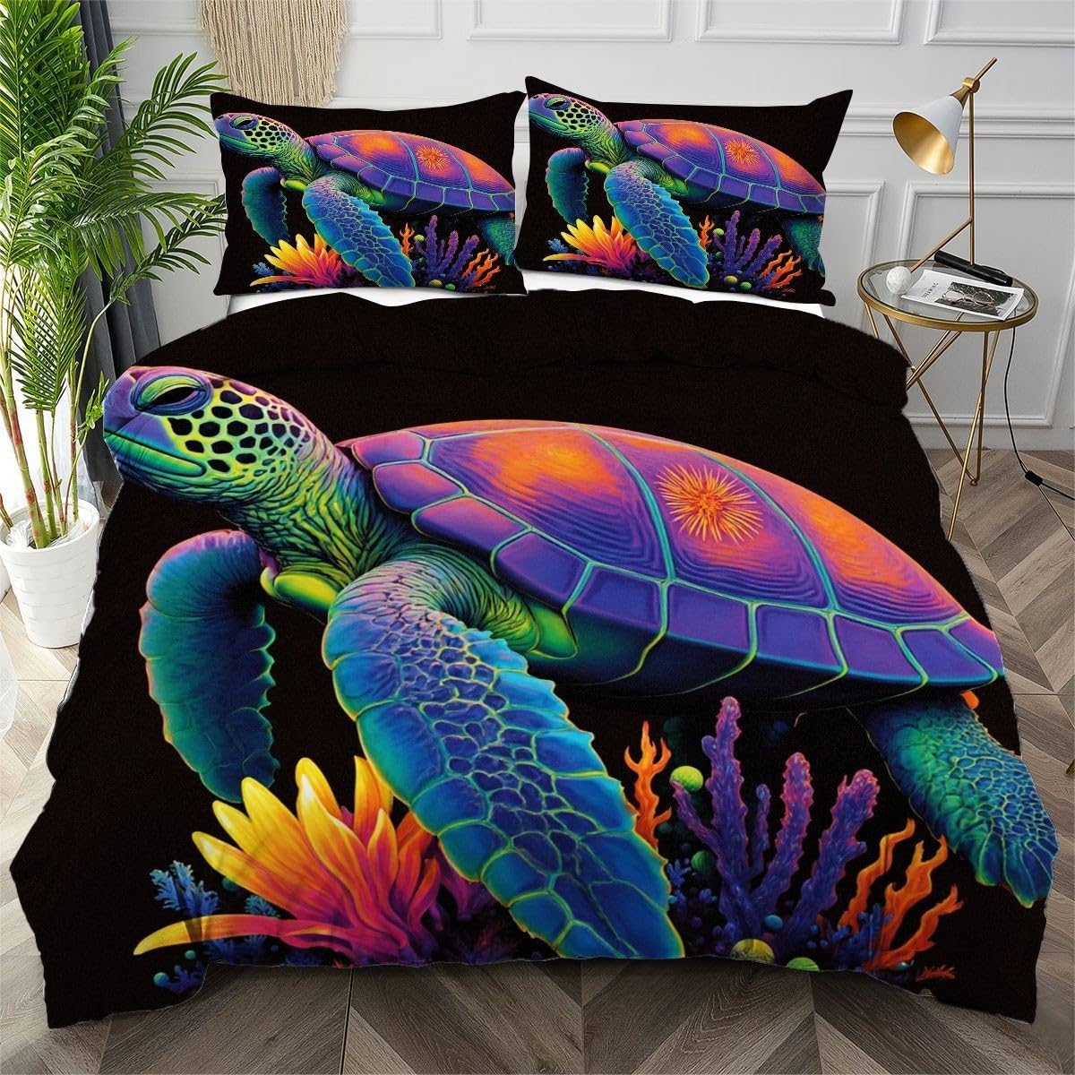 Housse de couette 140x200 tortue colorée en microfibre avec 2 taies d'oreiller