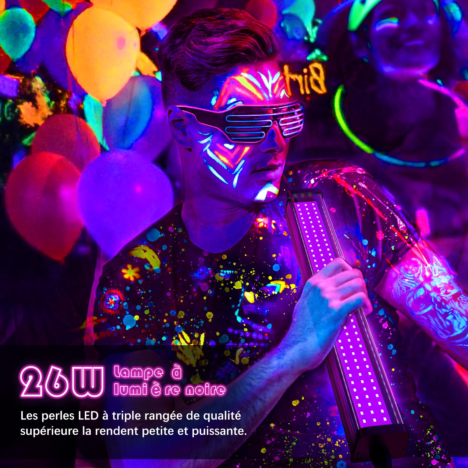 Glostars Lumière Noire 26W, 395nm Lampe UV, Lumière Noire LED avec Interrupteur et Prise, Chaque Zone Eclairée 18x18ft, pour les Lumiere Noire Soiree Fluo, Disco, DJ