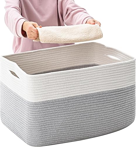 ICERZCZ Cesta rectangular grande para manta  Cesta de almacenamiento para organizar  Cestas tejidas de cuerda de algodón para almacenamiento  Cestas