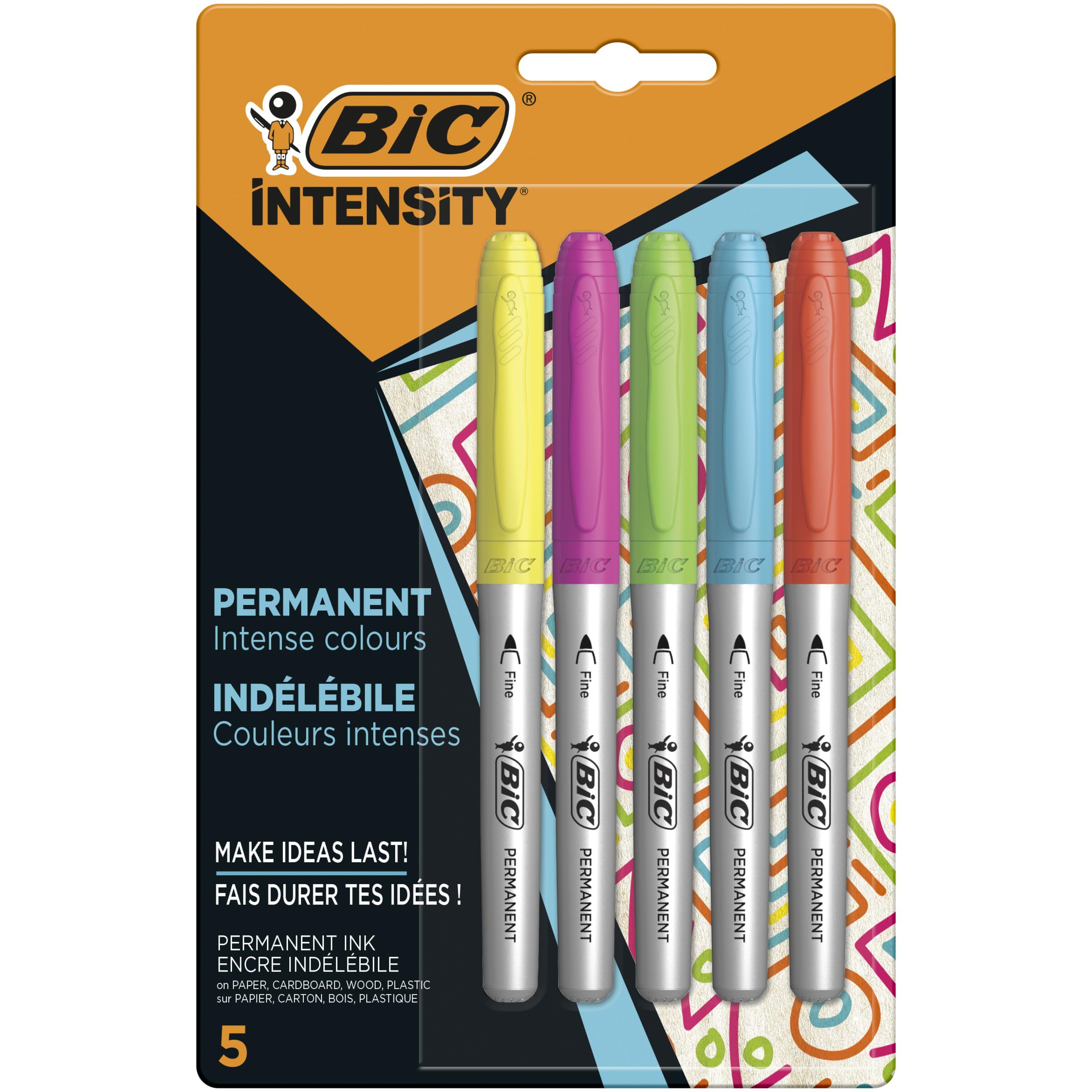 BIC Intensity - Rotuladores permanentes para todo tipo de superficies, colores surtidos, paquete de 5 unidades