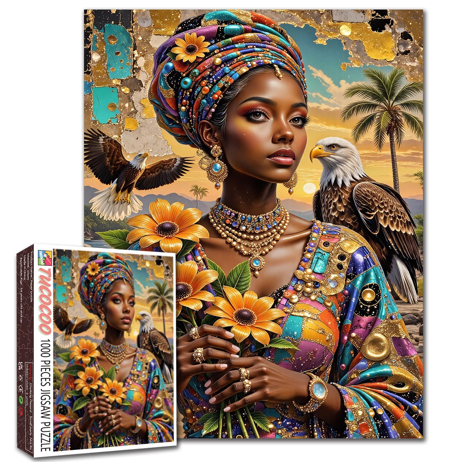 African Woman 1000 Piece Jigsaw Puzzles for Adults Black Woman Jigsaw Puzzle for Challenging Family Activity Game Bald Eagle Artwork Animal Puzzle for Home Decor Unique Gifts 19.7"x27.6"